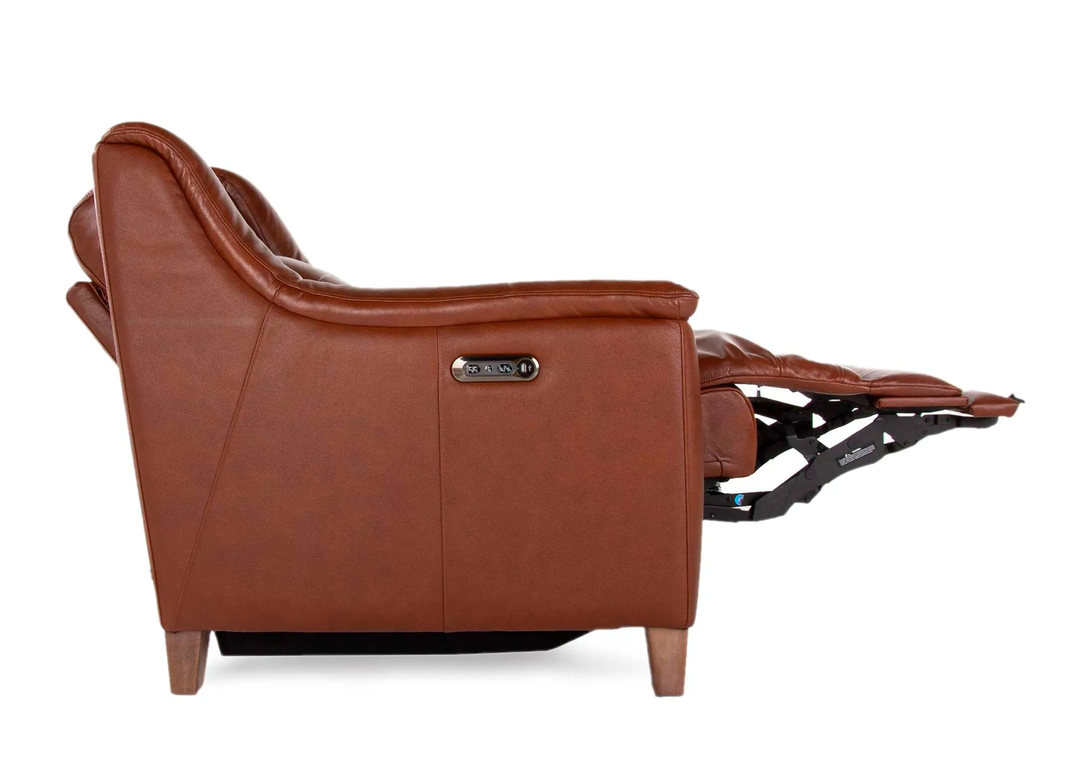 A 2 Seater butterscotch leather sofa from EZ Living Furniture's Vantage range. Side view of sofa reclined power mode