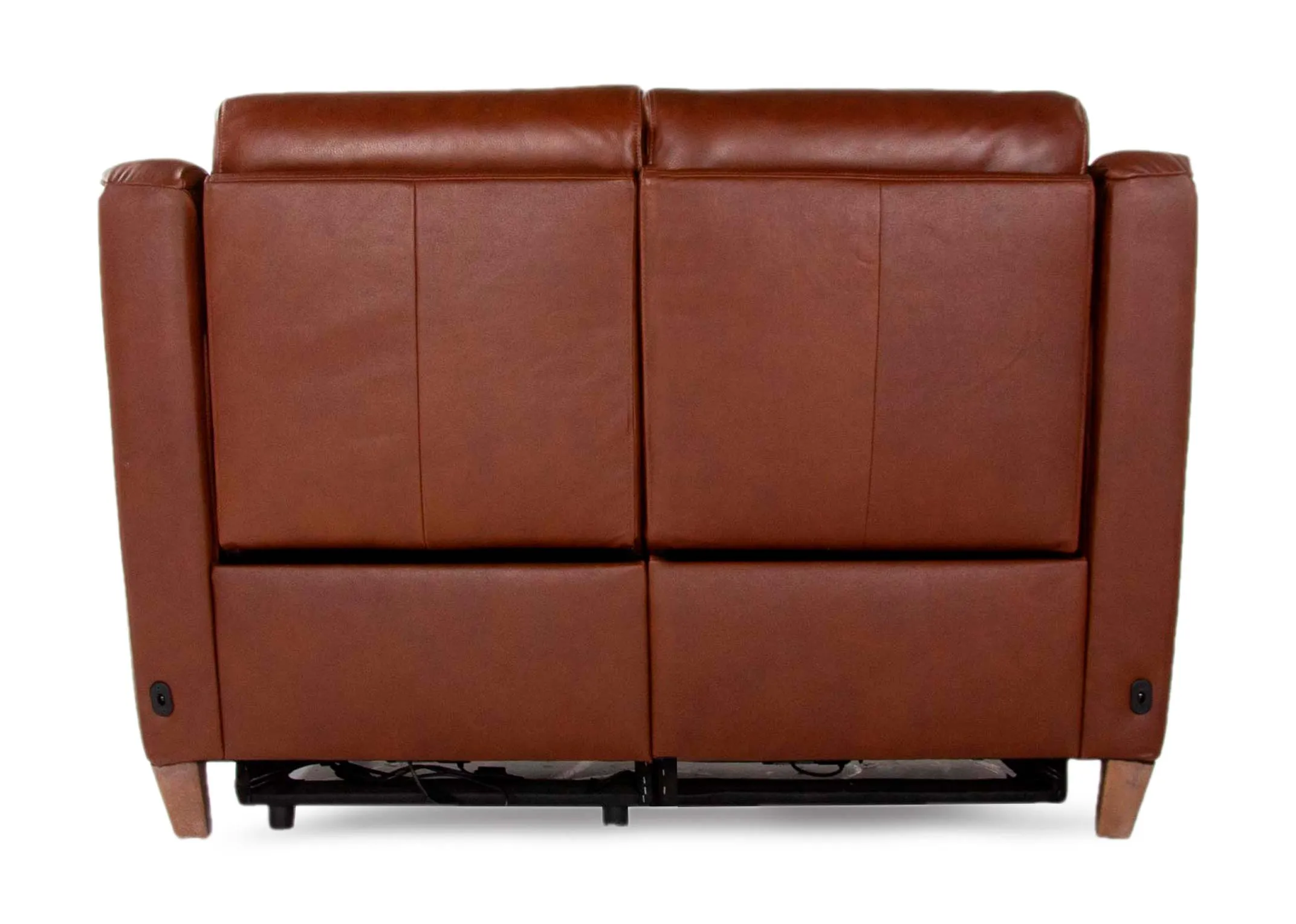 A 2 Seater butterscotch leather sofa from EZ Living Furniture's Vantage range. Back view of warrantied frame