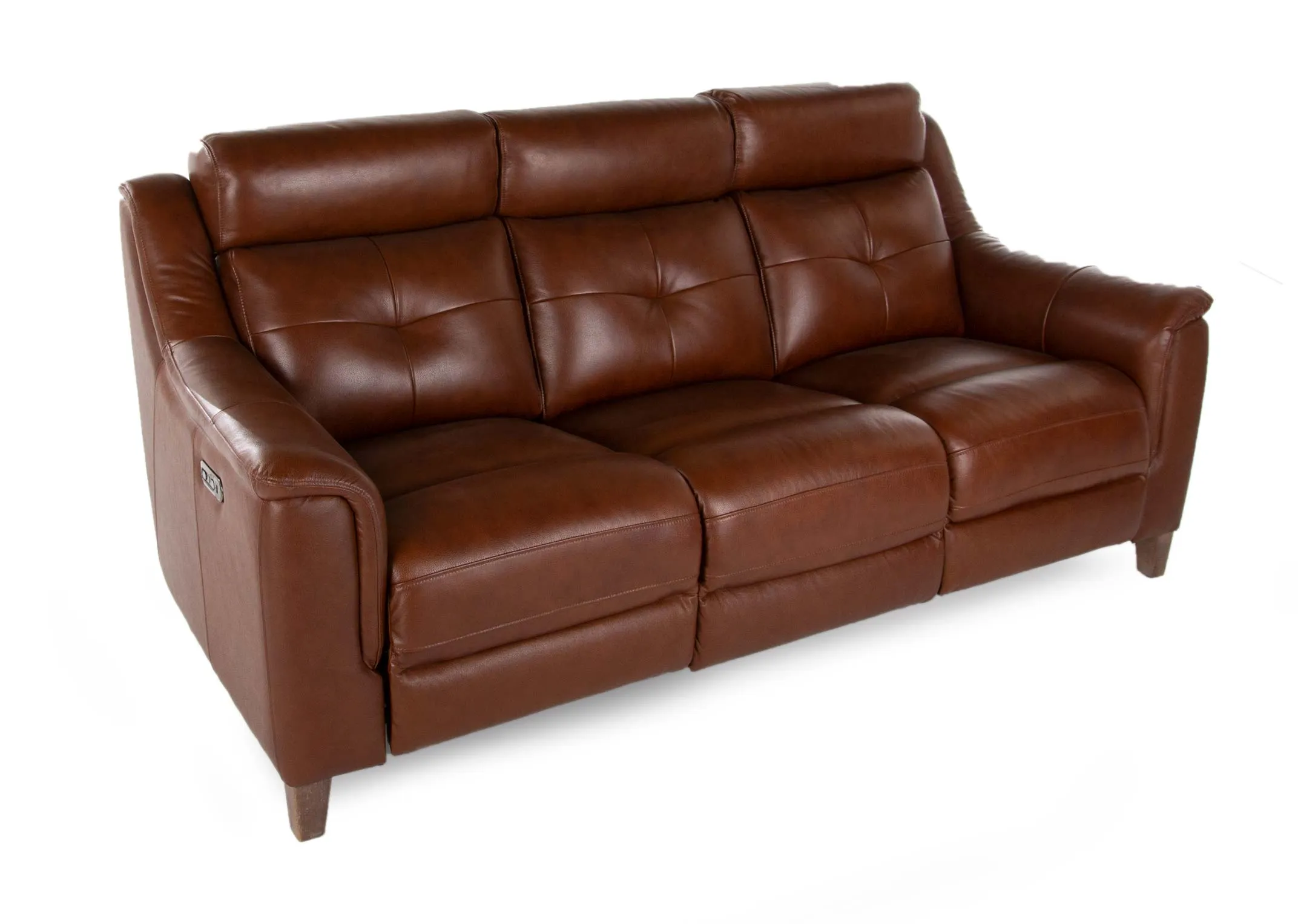 A 3 Seater butterscotch leather sofa from EZ Living Furniture's Vantage range. Angled view of tufted back cushions