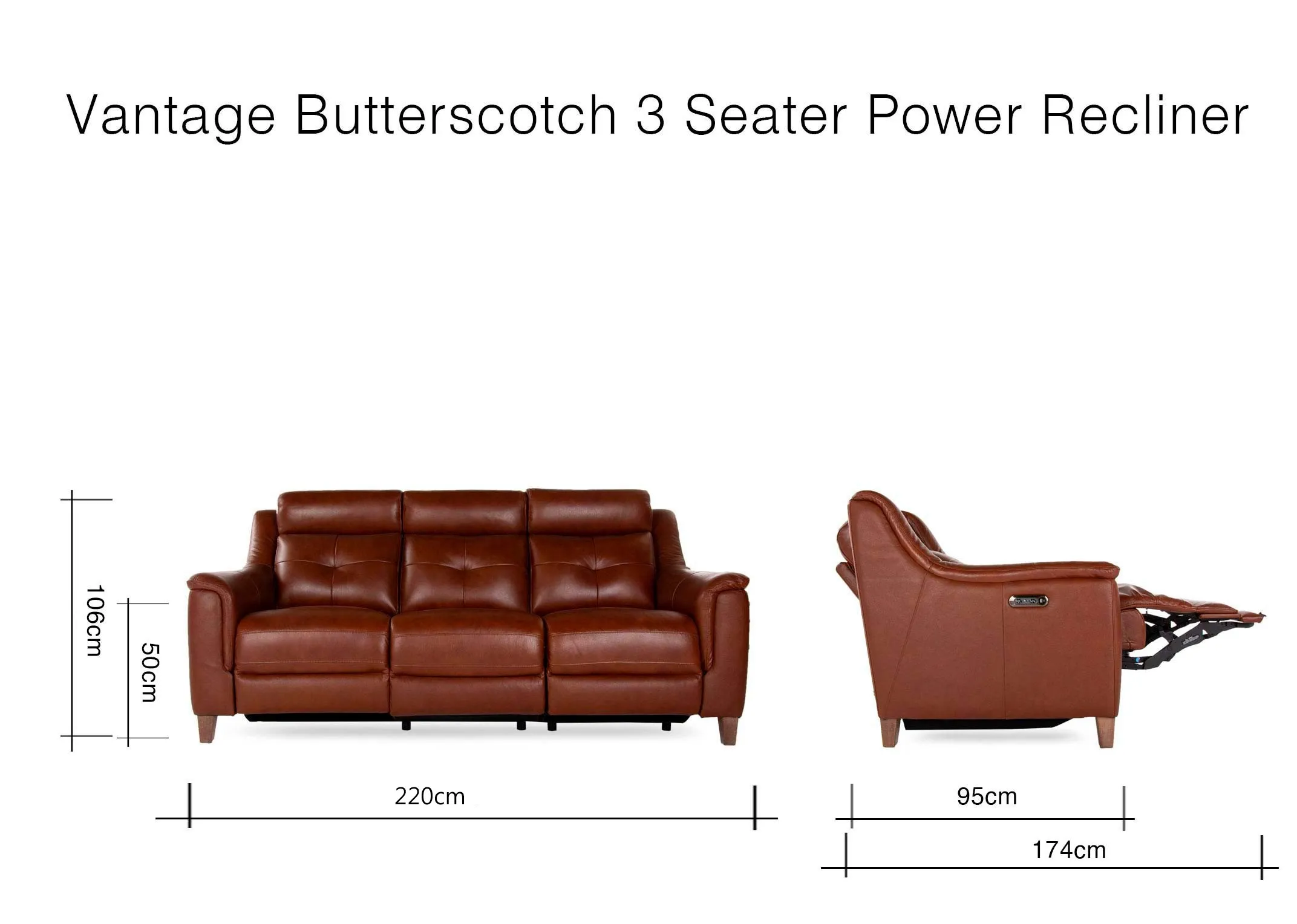 A dimension image of the Vantage 3 Seater with 220cm (Width) x 95cm-174cm (Depth) x 106cm (Height) x 50cm (sh)
