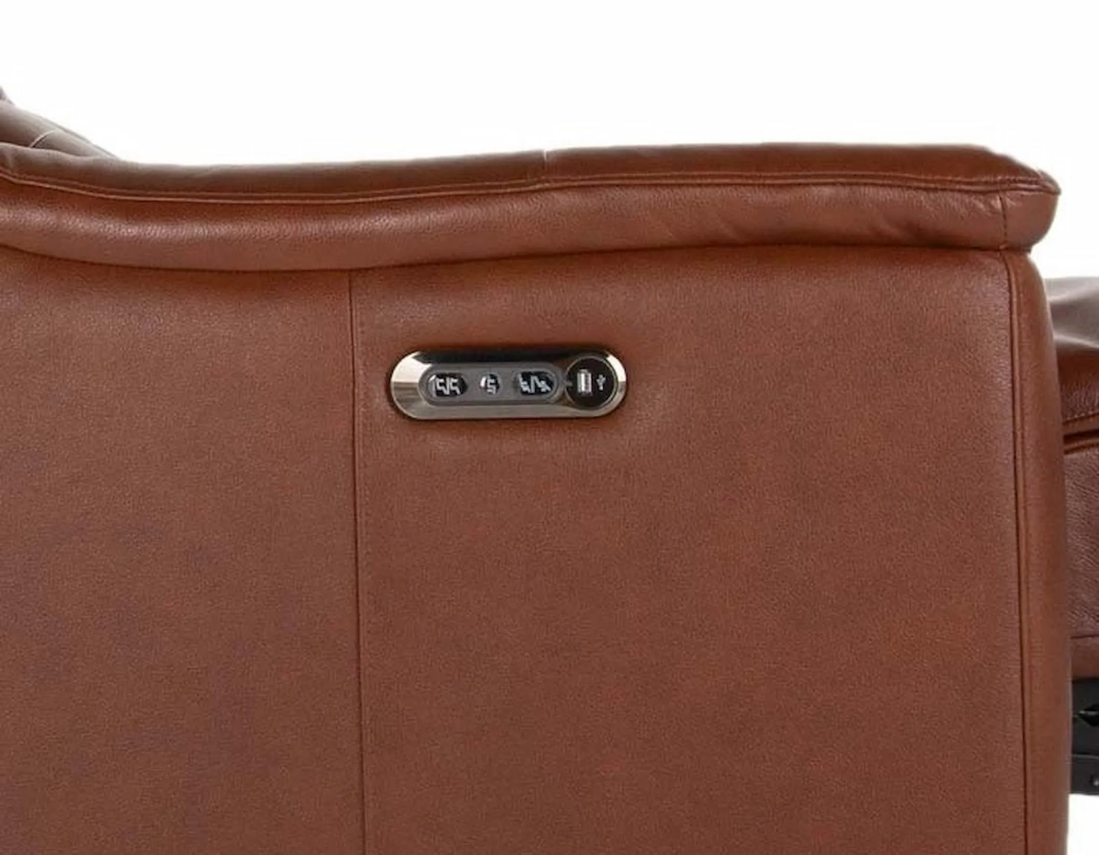 A butterscotch leather recliner from EZ Living Furniture's Vantage range. Closeup view of power button