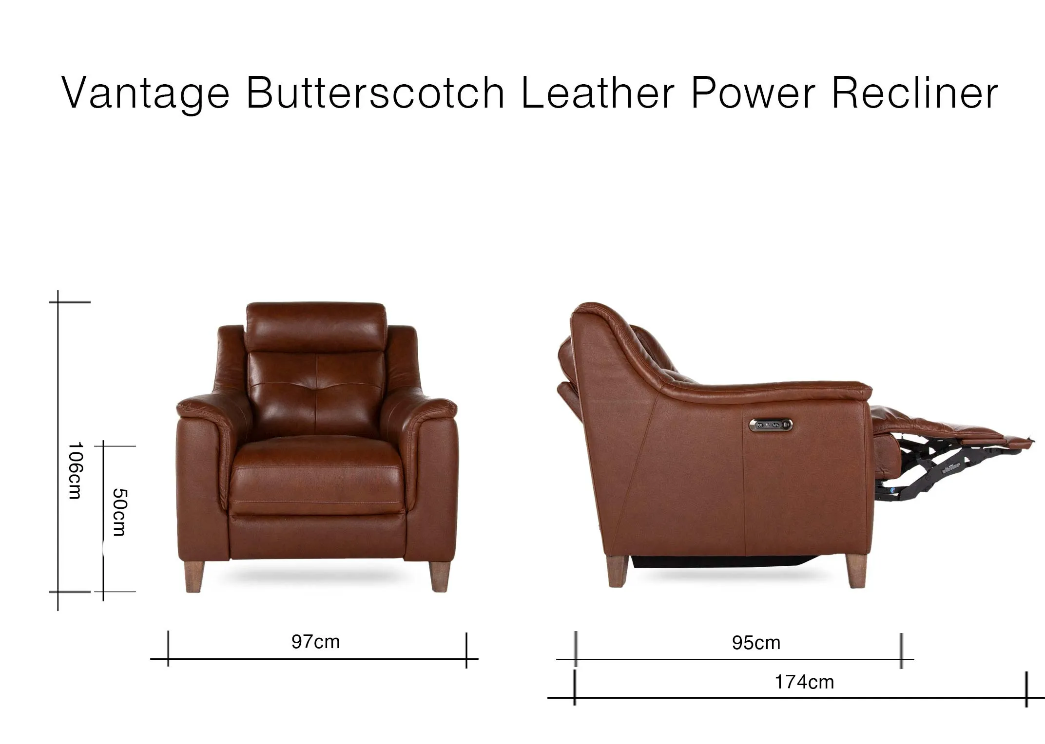 A dimension image of the Vantage Butterscotch Recliner with 97cm (Width) x 95cm-174cm (Depth) x 106cm (Height) x 50cm (sh)