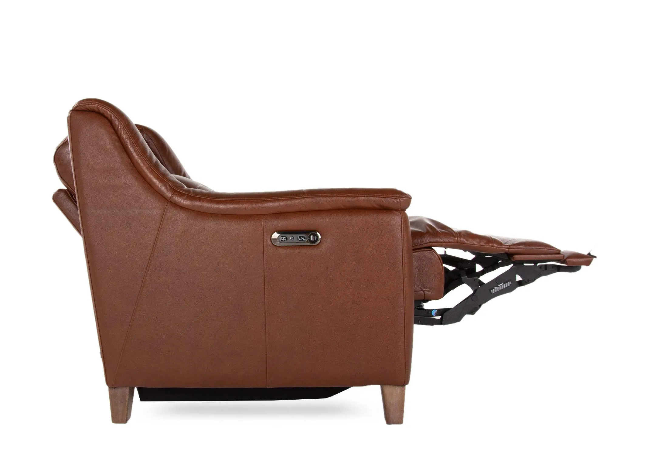 A butterscotch leather recliner from EZ Living Furniture's Vantage range. Side view of seat reclined