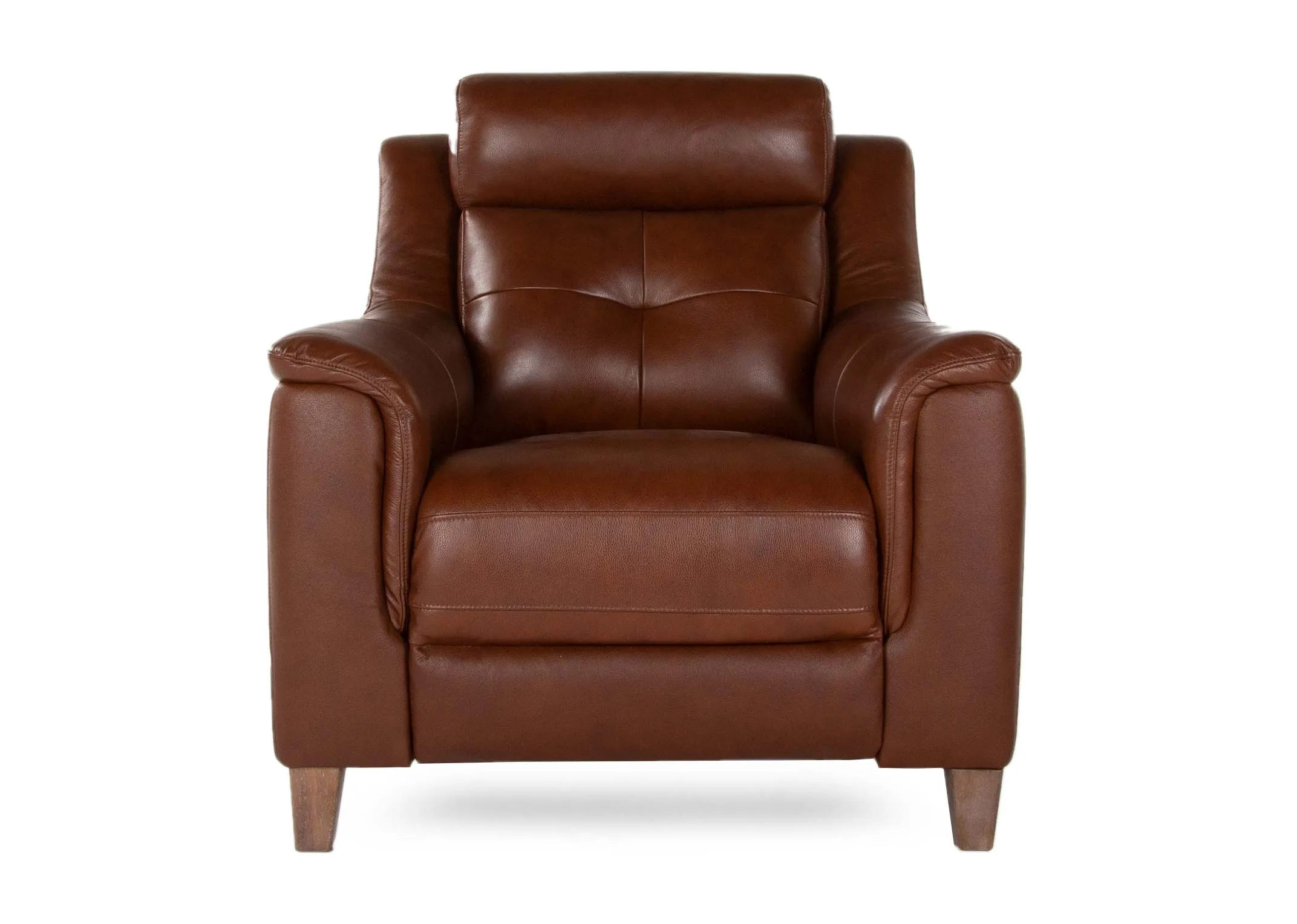 A butterscotch leather recliner from EZ Living Furniture's Vantage range. Front view of armchair