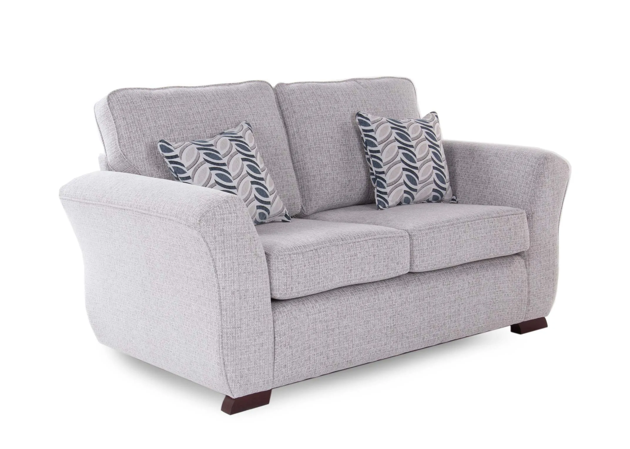A grey fabric 3 seater sofa with 2 scatter cushions from EZ Living Furniture's Kilronan range. Angled view of sofa .
