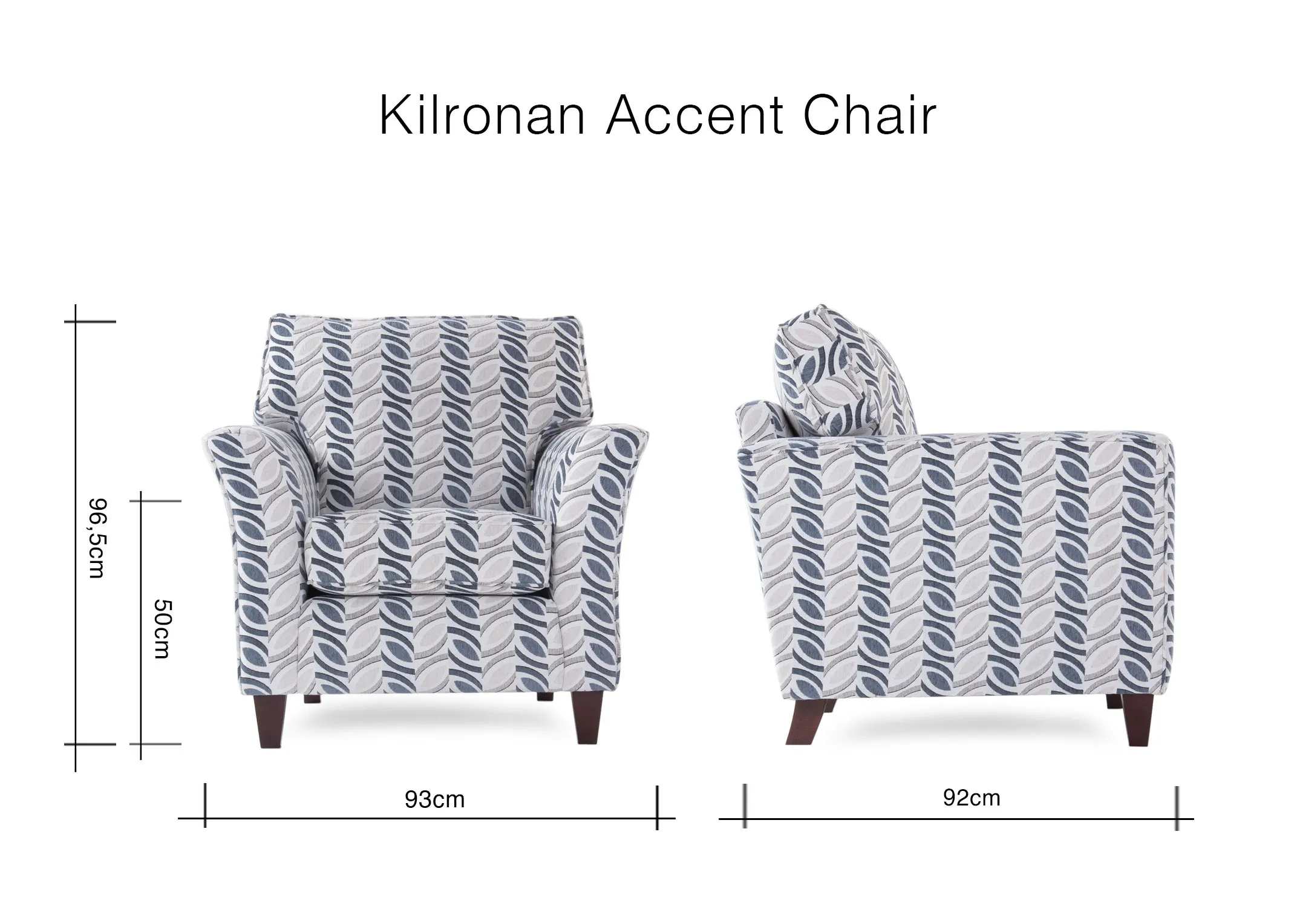 A dimension image of the Kilronan Armchair with 93cm x 92cm (Depth) x 96cm (height)