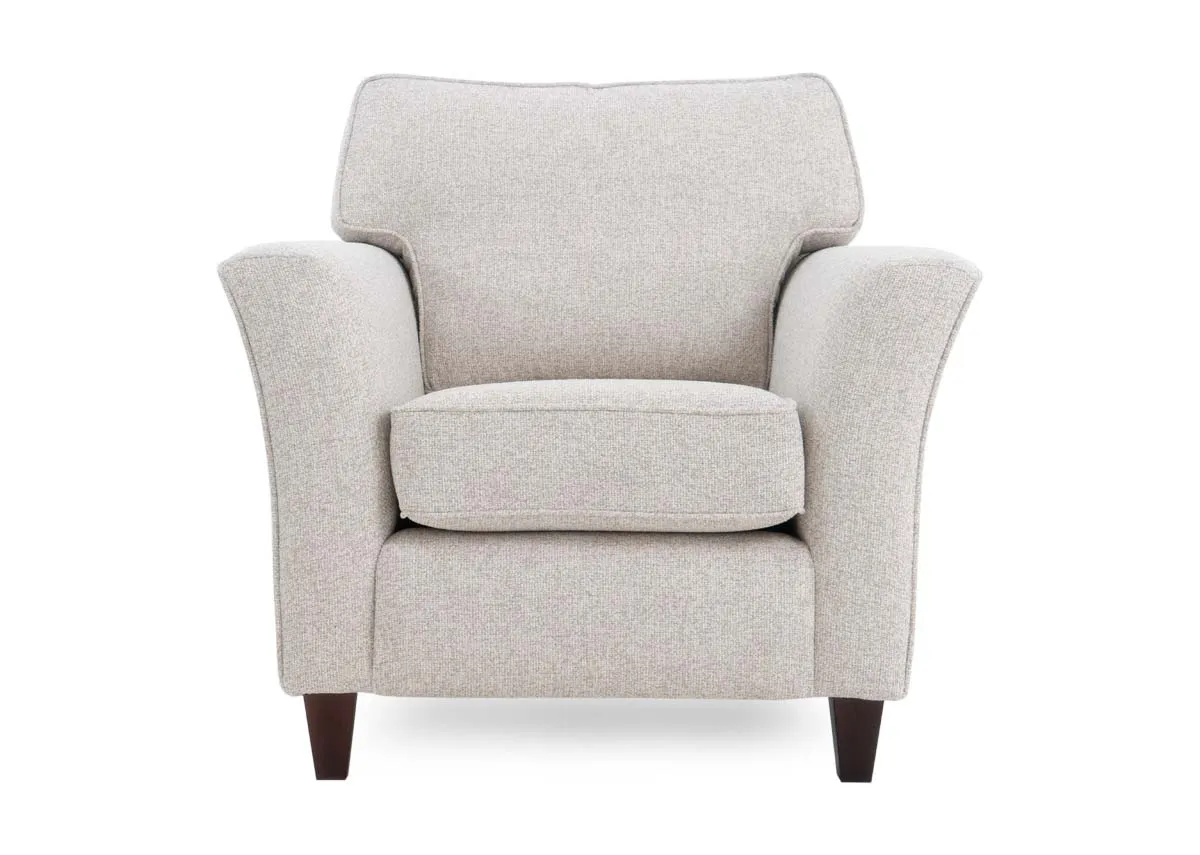 A cream fabric accent chair from EZ Livings Furniture Kilronan range. Front view of foam padded seat.