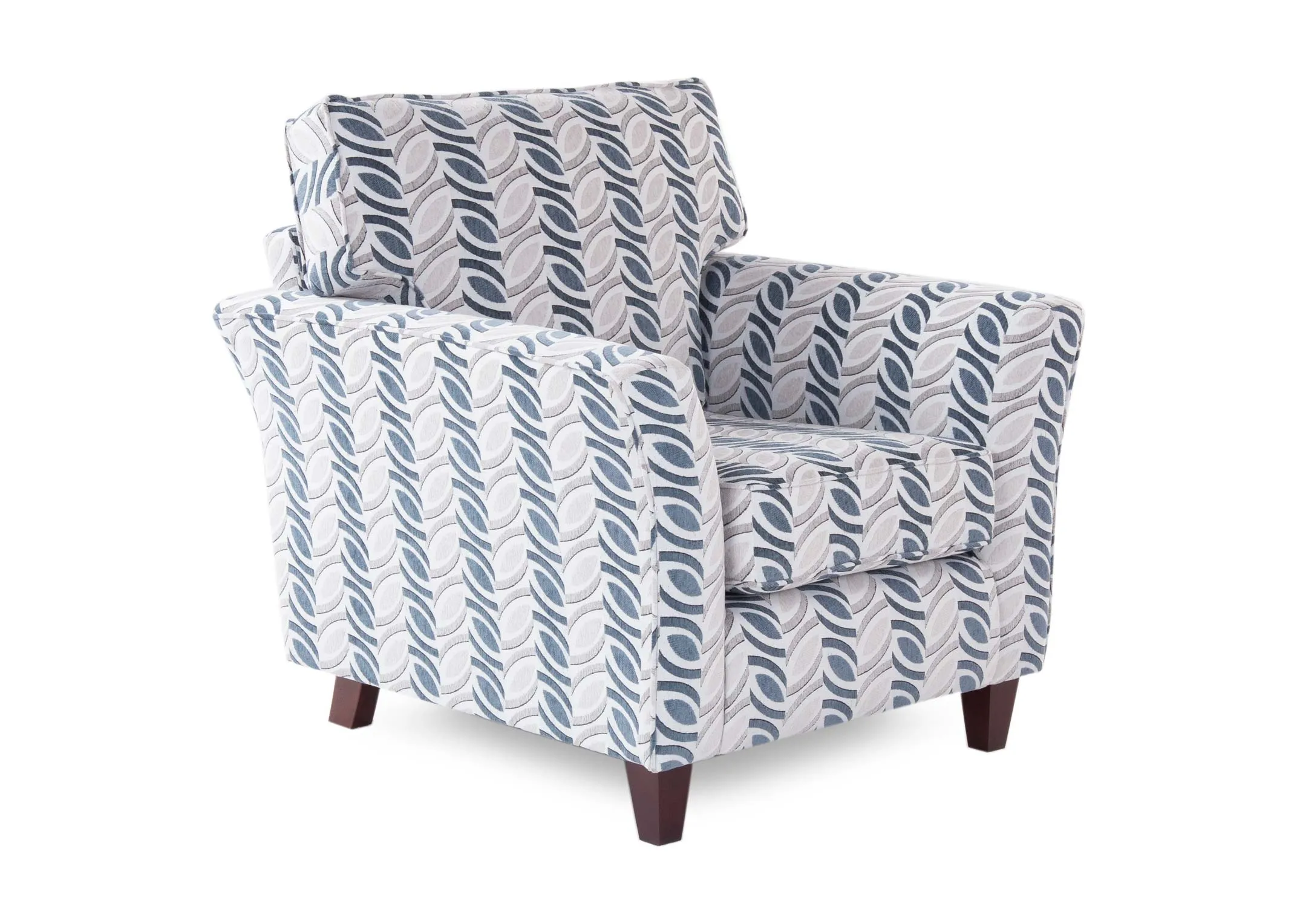 A silver grey & blue pattern armchair from EZ Living Furniture Kilronan range. Angled view of dark feet & print