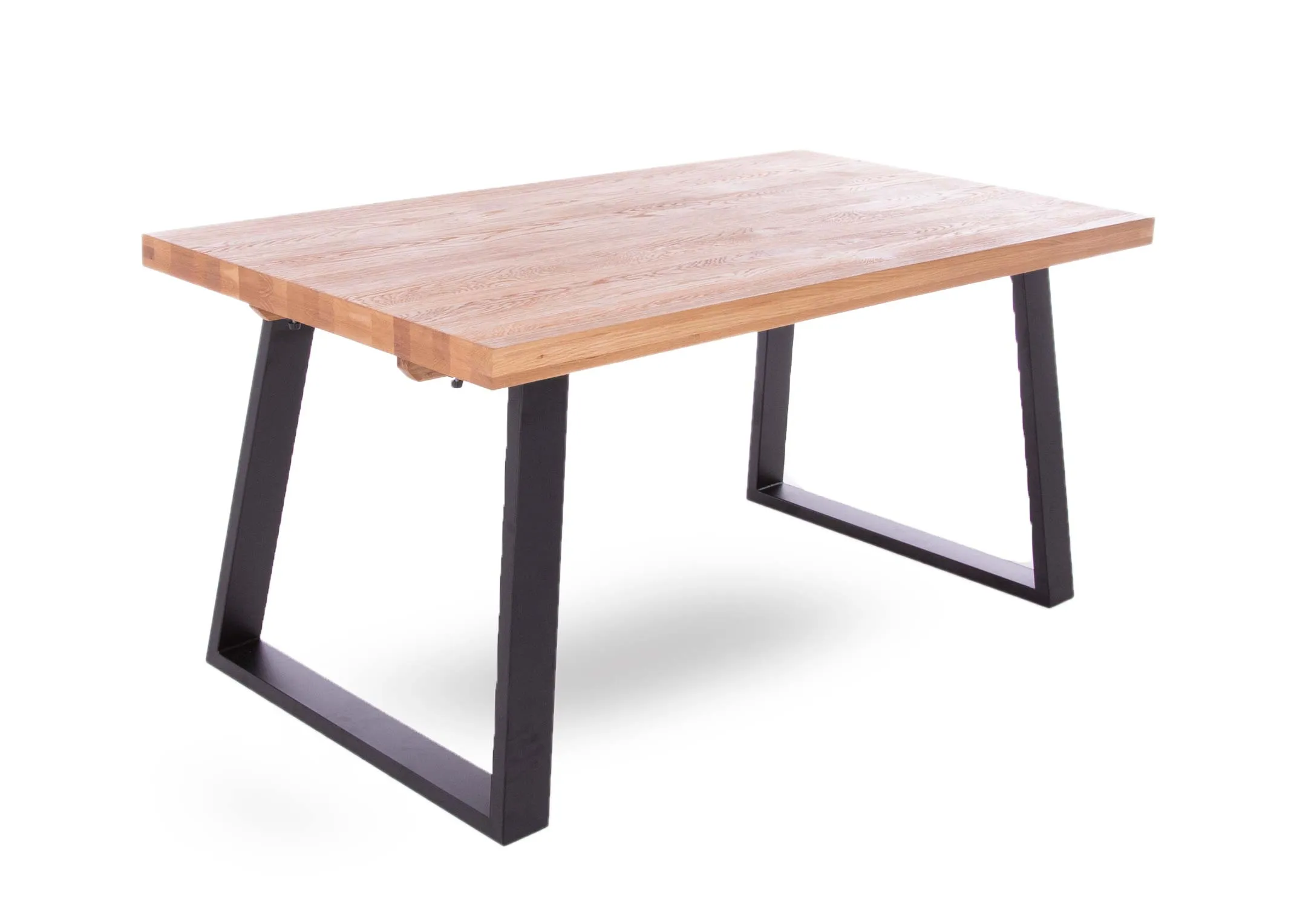 A 160cm oak dining table with metal legs from EZ Living Furniture's Renvyle range. Angled view of table unextended.