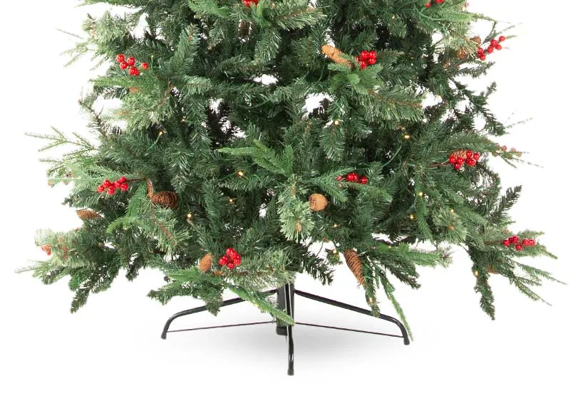 An LED lit berry & pine 8ft Christmas tree from EZ Living Furniture's Vermont range. Closeup of stand