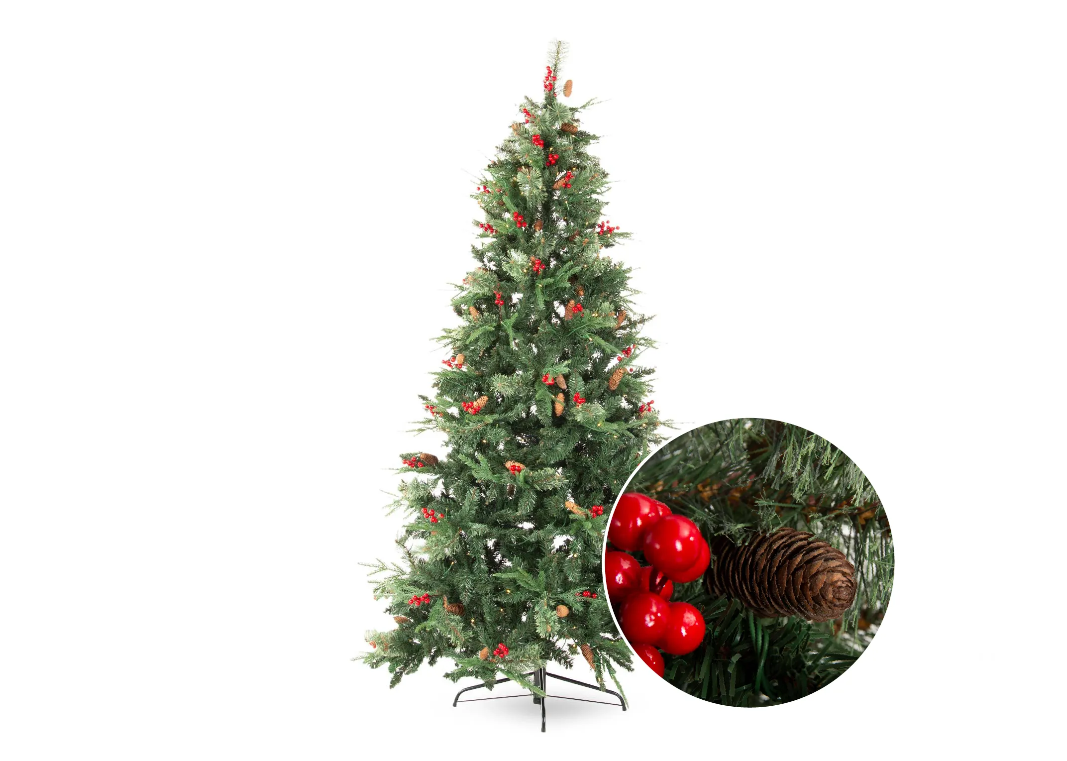 An LED lit berry & pine 8ft Christmas tree from EZ Living Furniture's Vermont range. Closeup of tree details