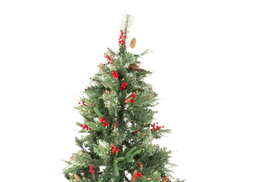 An LED lit berry & pine 8ft Christmas tree from EZ Living Furniture's Vermont range.Closeup of berry & pine detail