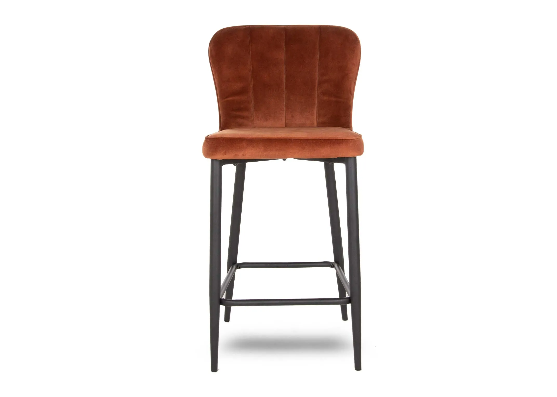 A rust brown velvet bar stool from EZ Living Furniture's Heuston range. Front view of stool