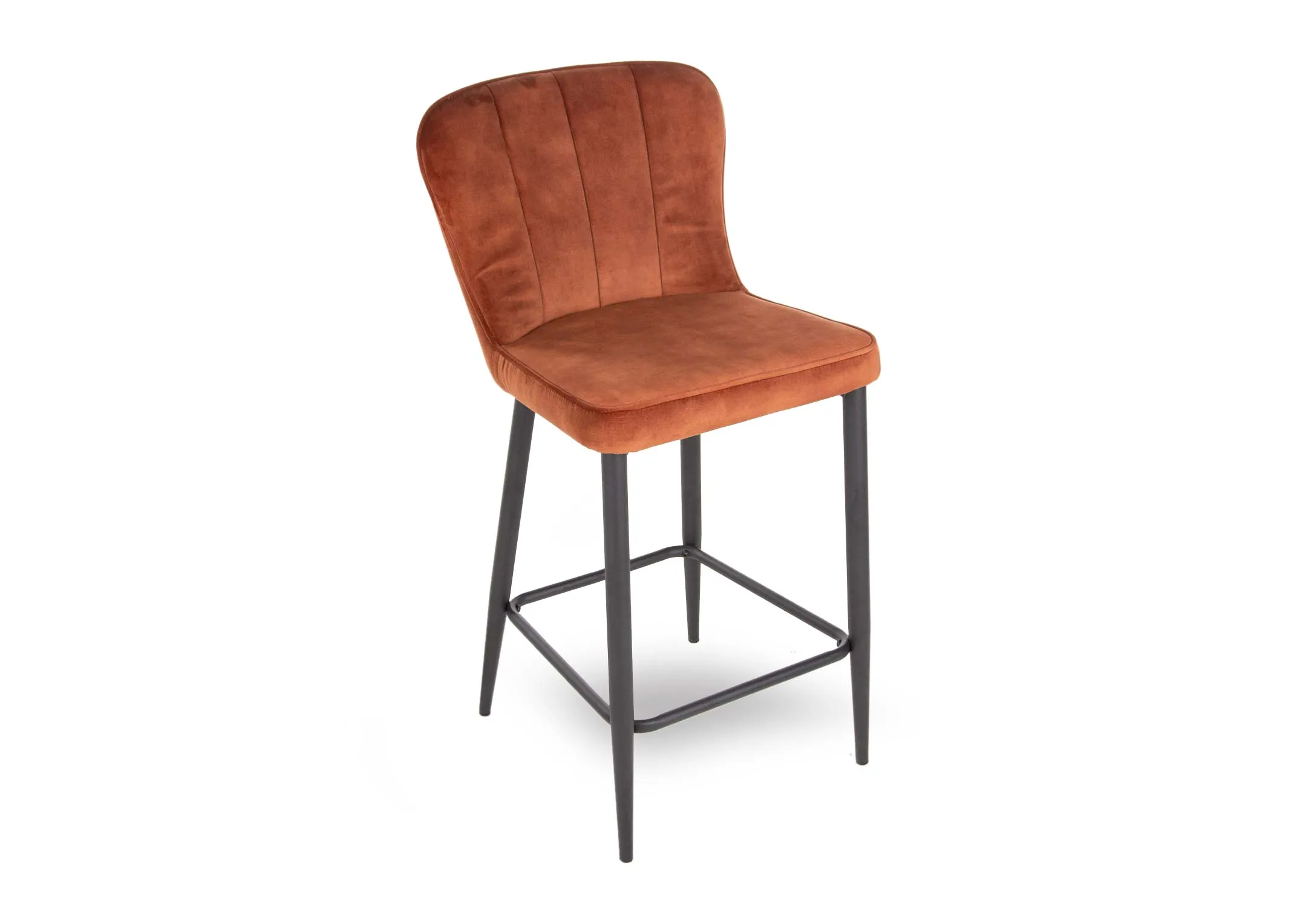 A rust brown velvet bar stool from EZ Living Furniture's Heuston range. Angled view of black metal frame.