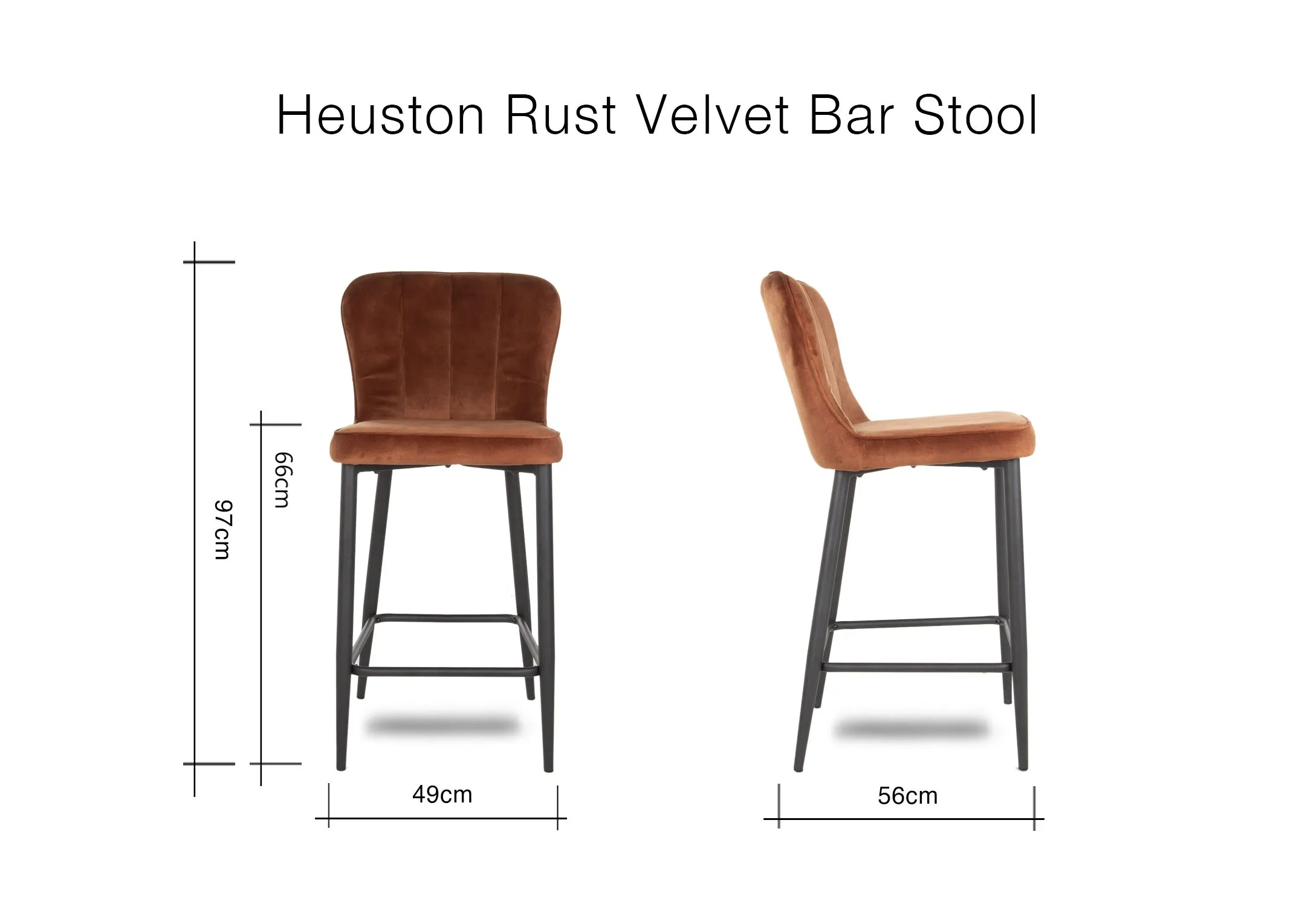 A dimension image of the Heuston Bar Stool with 49cm (Width) x 56cm (Depth) x 97cm (Height) x 66cm (Seat)