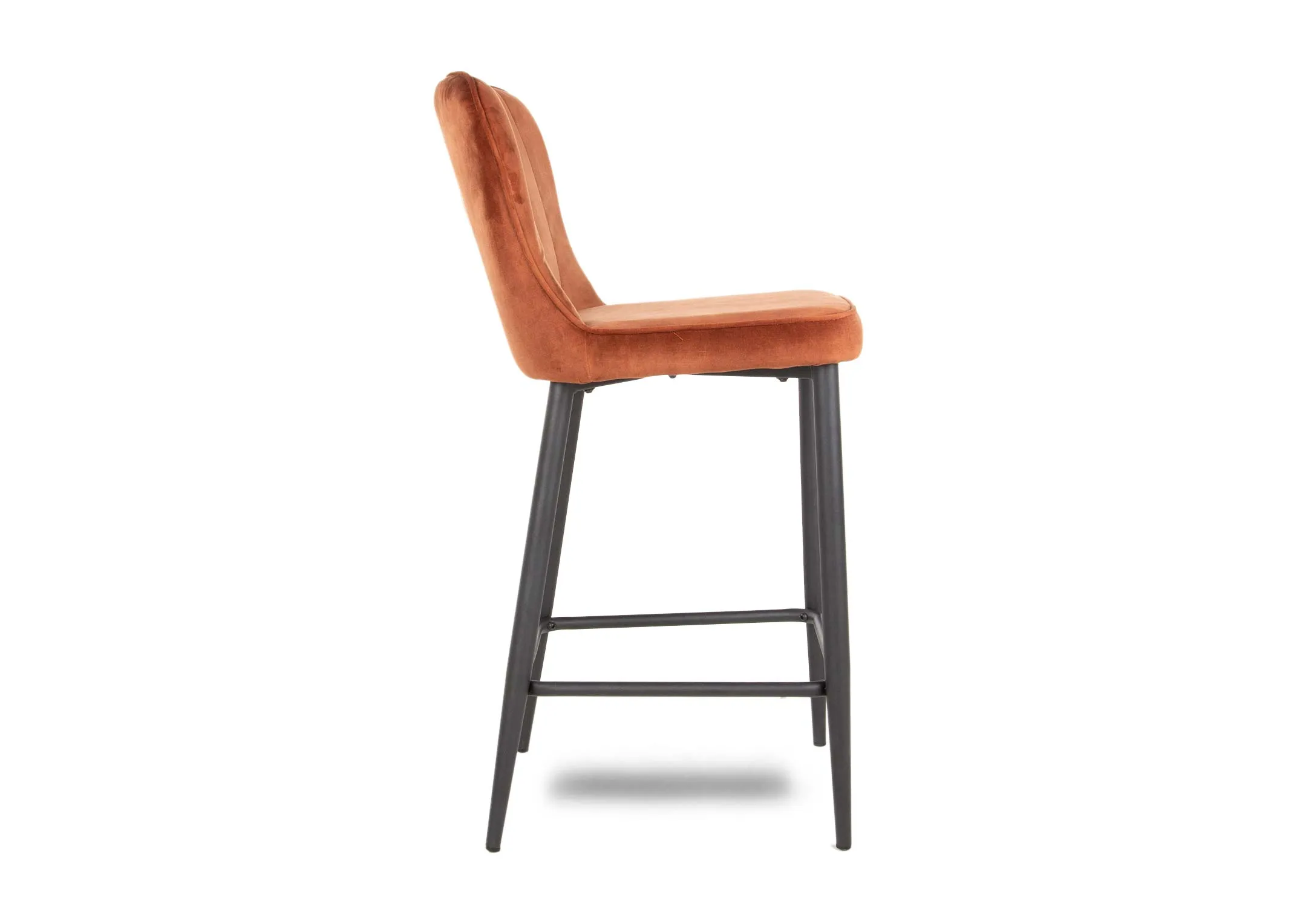 A rust brown velvet bar stool from EZ Living Furniture's Heuston range. Side view of padded seat