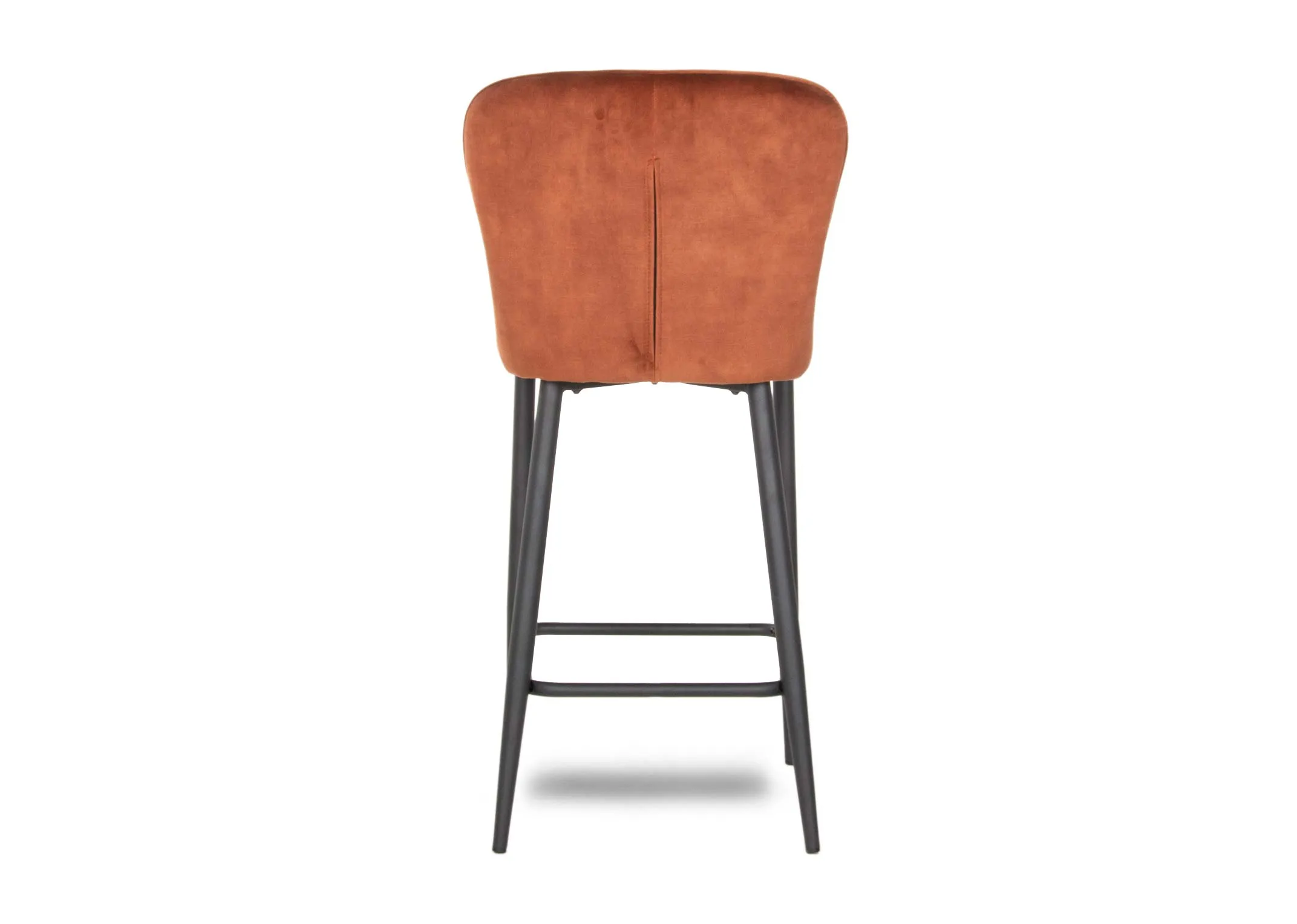 A rust brown velvet bar stool from EZ Living Furniture's Heuston range. Back view shows tidy seam