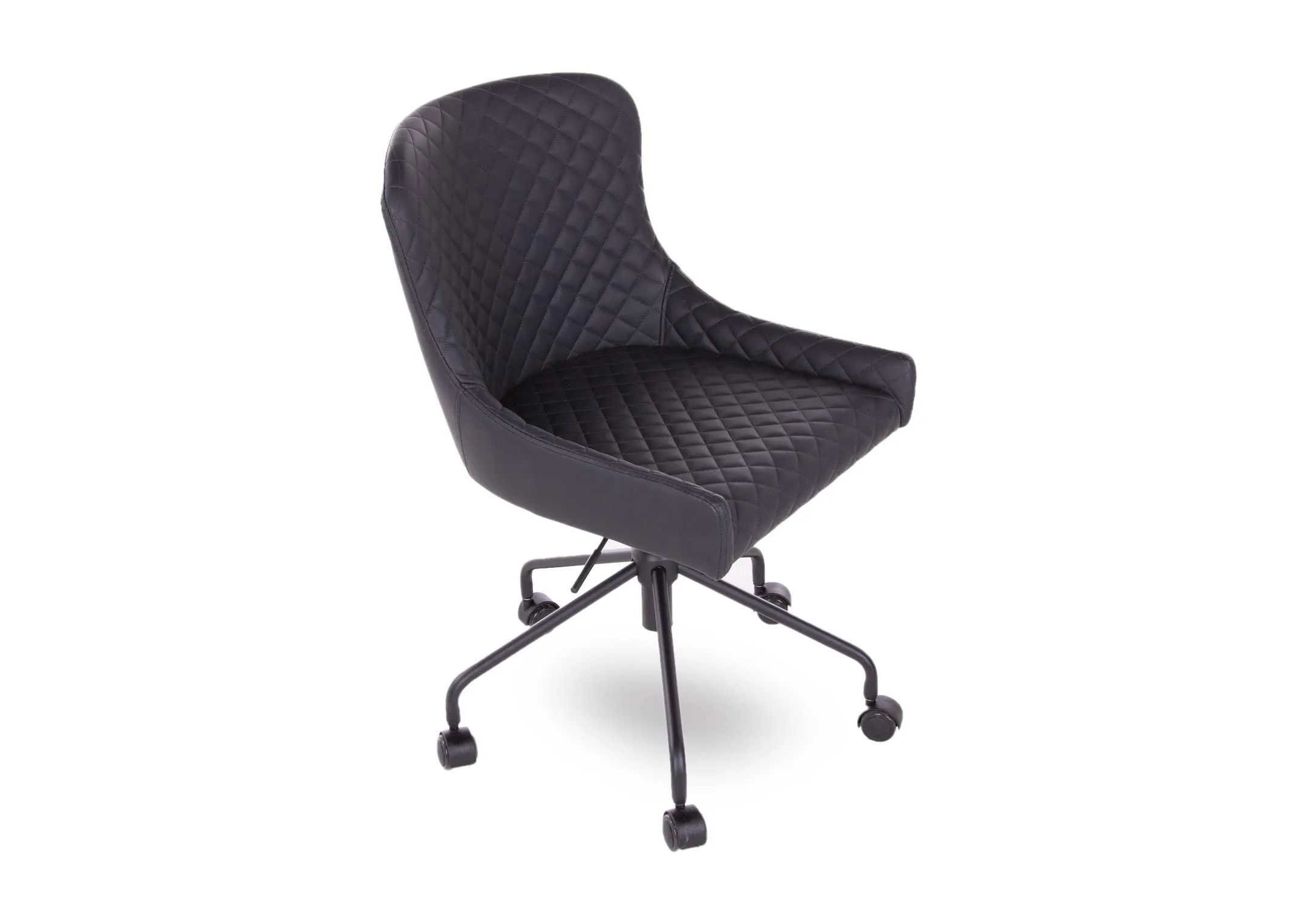 A black faux leather office chair with padded seat from EZ Living's Ottowa range. Angled view of comfy seat.