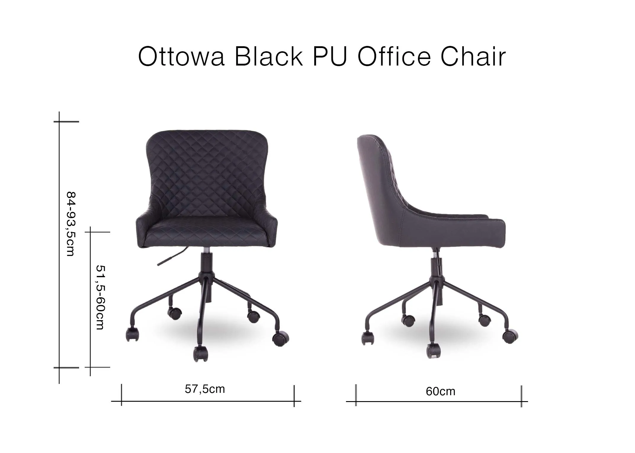 A dimension image of the Ottowa Black Office Chair with 57.5cm (Width) x 50cm (Depth) x 84-93cm (Height)