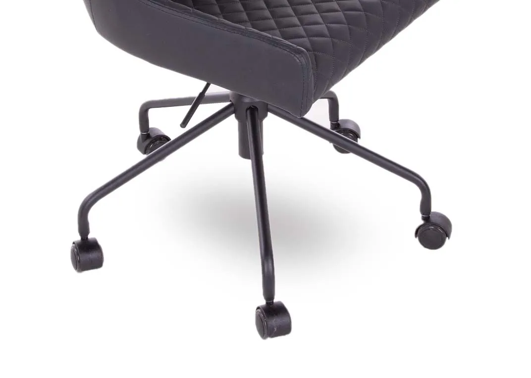 A black faux leather office chair with padded seat from EZ Living's Ottowa range. Closeup of 5 metal legs with wheels