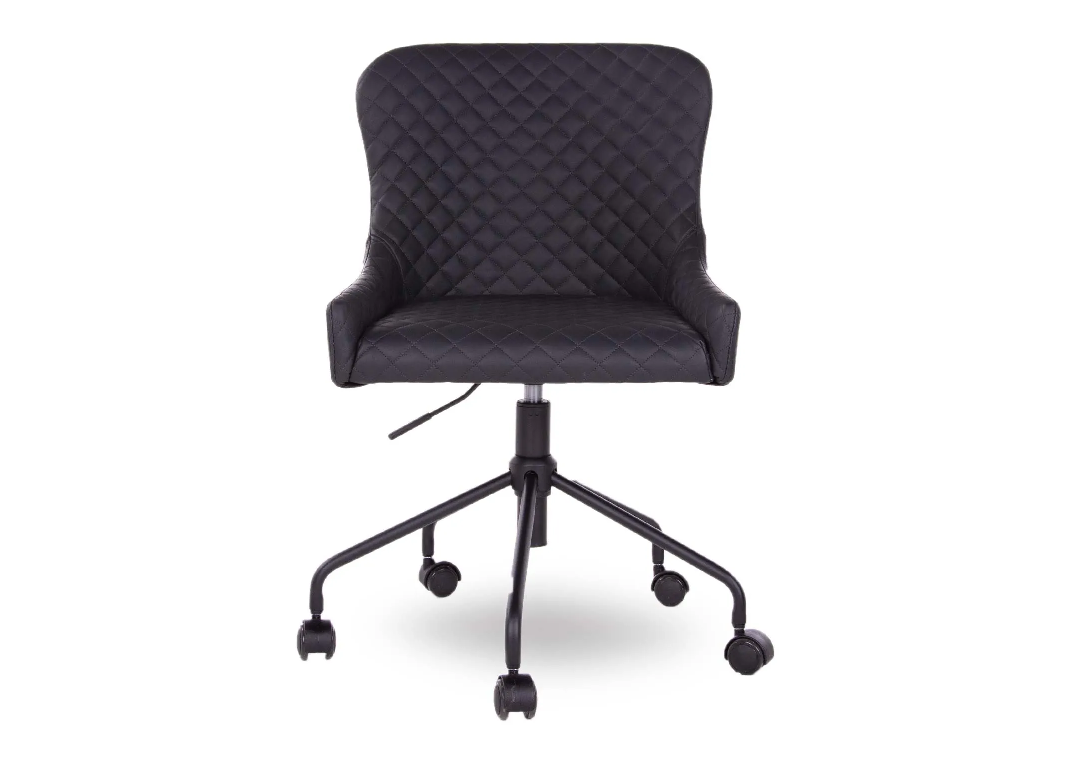 A black faux leather office chair with padded seat from EZ Living's Ottowa range. Front view of diamond seat pattern