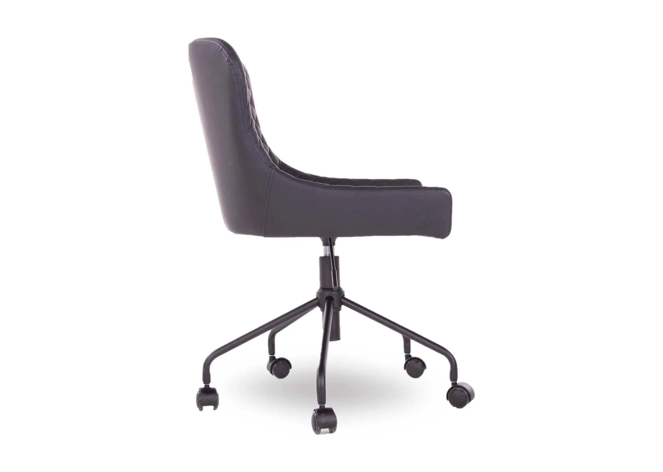 A black faux leather office chair with padded seat from EZ Living's Ottowa range. Side view of adjustable lever