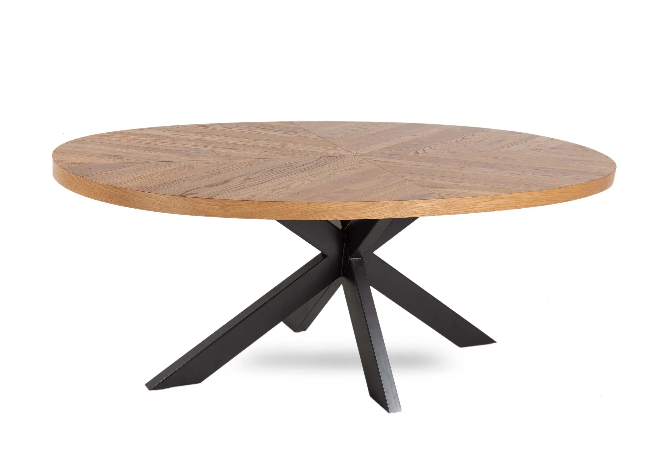 A rustic oak oval dining table from EZ Living Furniture's Ellipse range. Angled view of the textured wood top
