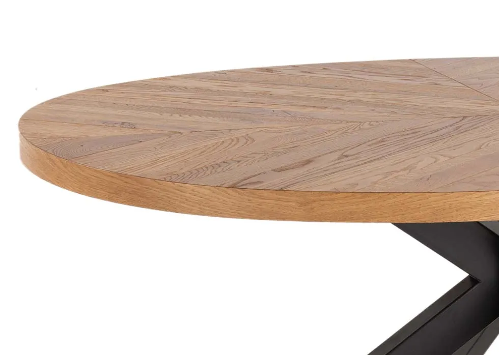 A rustic oak oval dining table from EZ Living Furniture's Ellipse range. Closeup of wood texture.