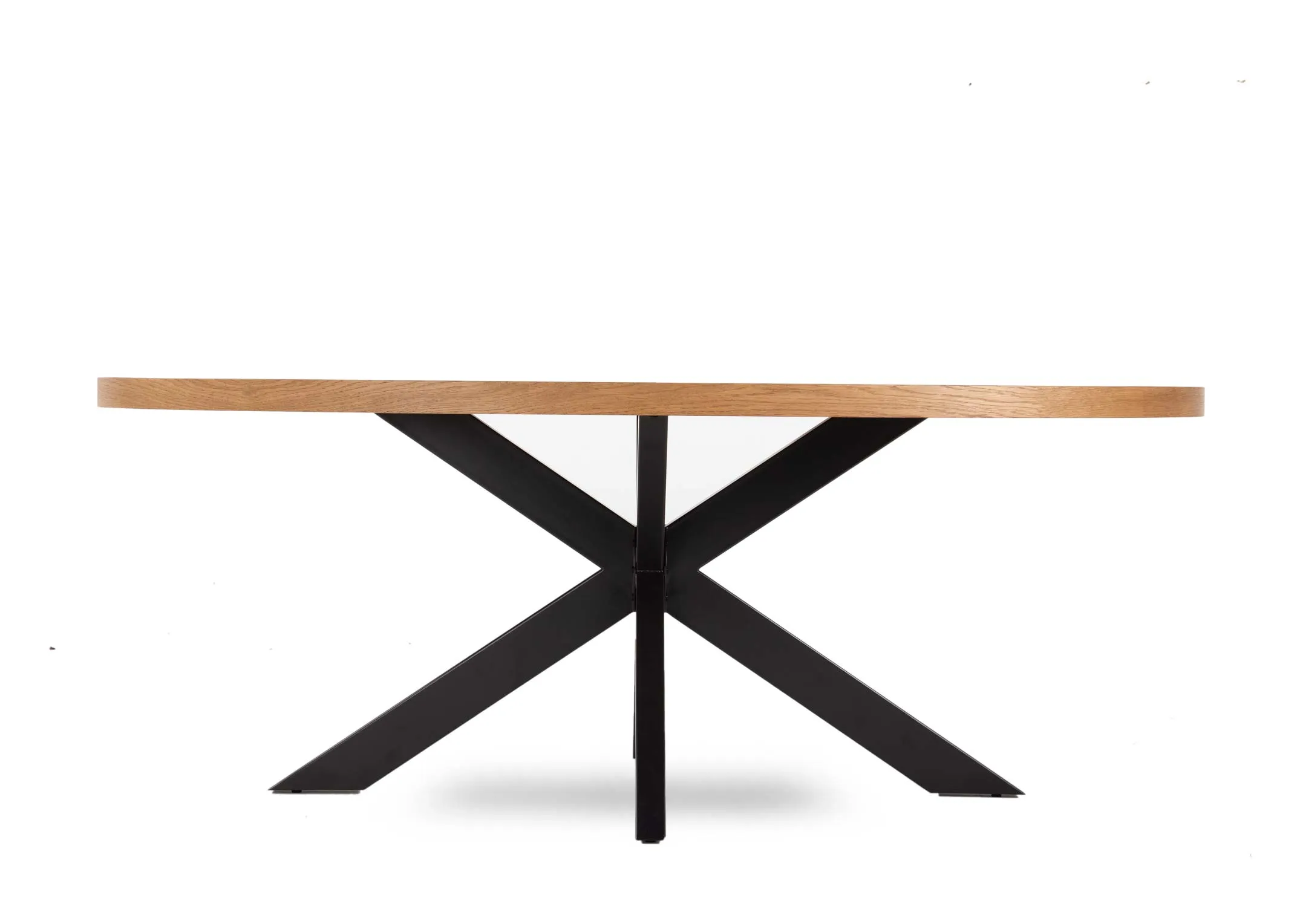 A rustic oak oval dining table from EZ Living Furniture's Ellipse range. Front view of full table length