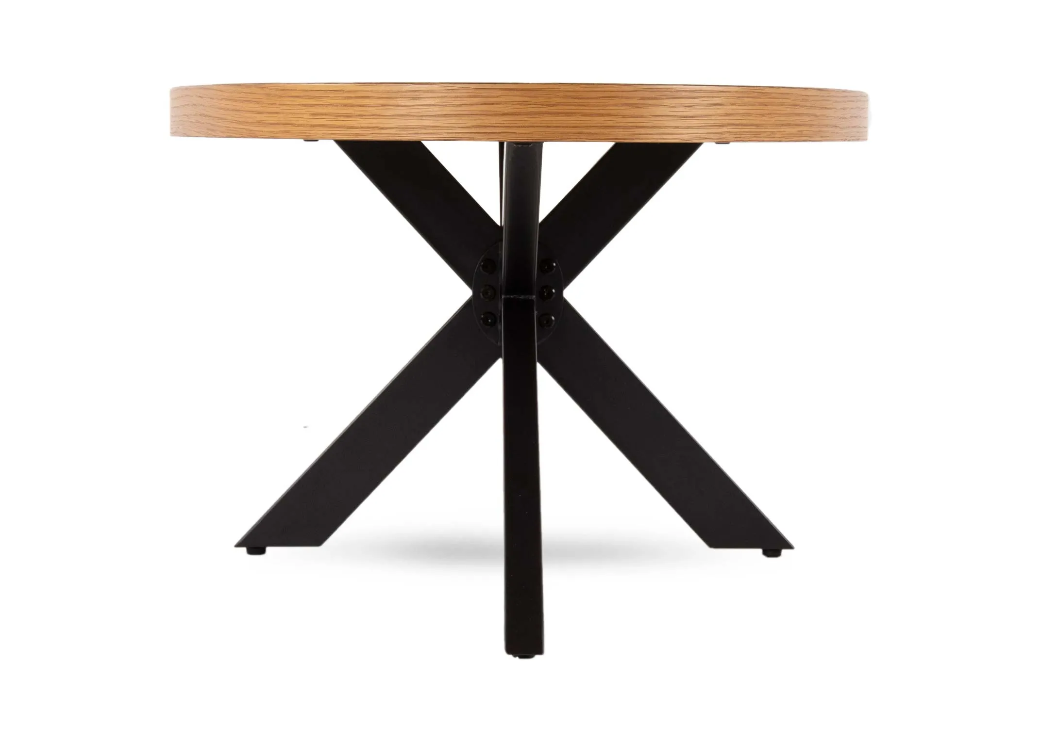 A rustic oak oval dining table from EZ Living Furniture's Ellipse range. Side view of table with black metal legs