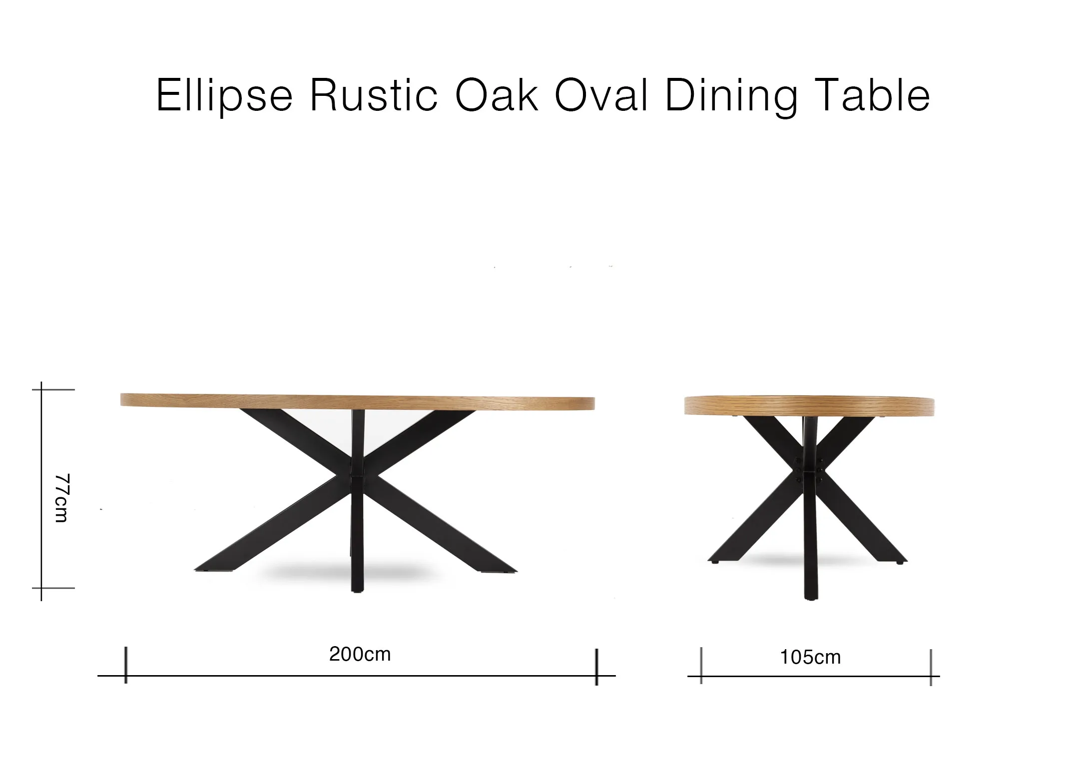 A dimension image of the Ellipse Rustic Oak Dining Table with 200cm(Width) x 105cm(Depth) x 77cm (Height)