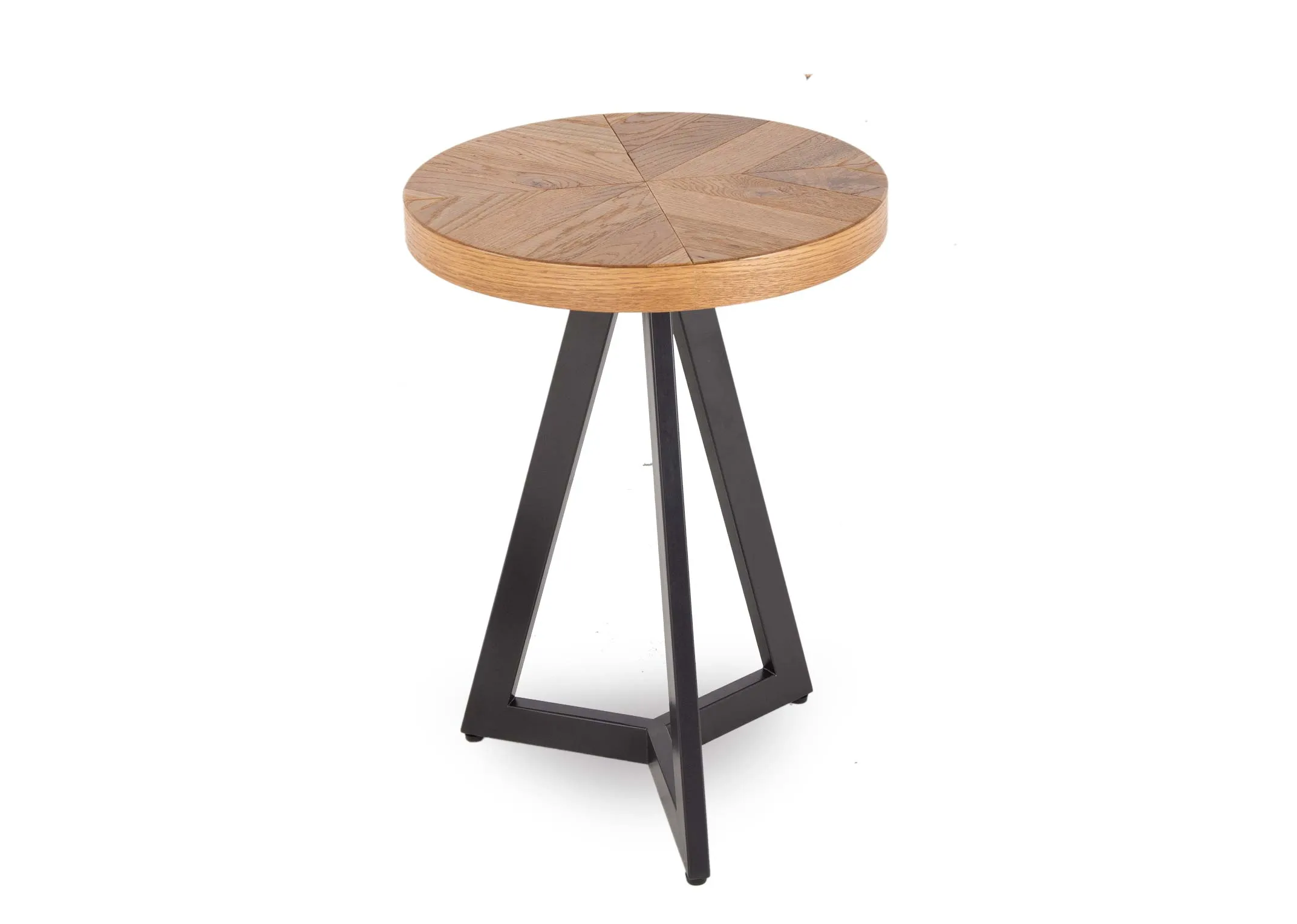 A rustic oak small round lamp table from EZ Living Furnitures Ellipse range. Angled view of table