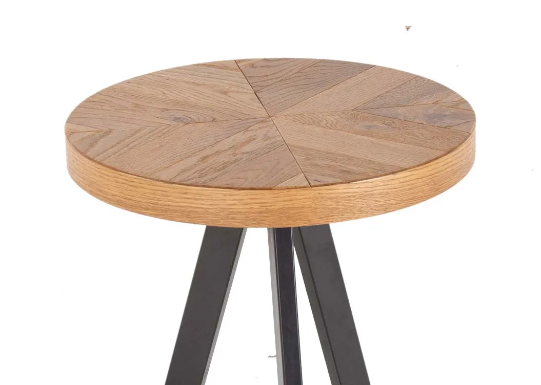 A rustic oak small round lamp table from EZ Living Furniture's Ellipse range. Closeup view of herringbone top