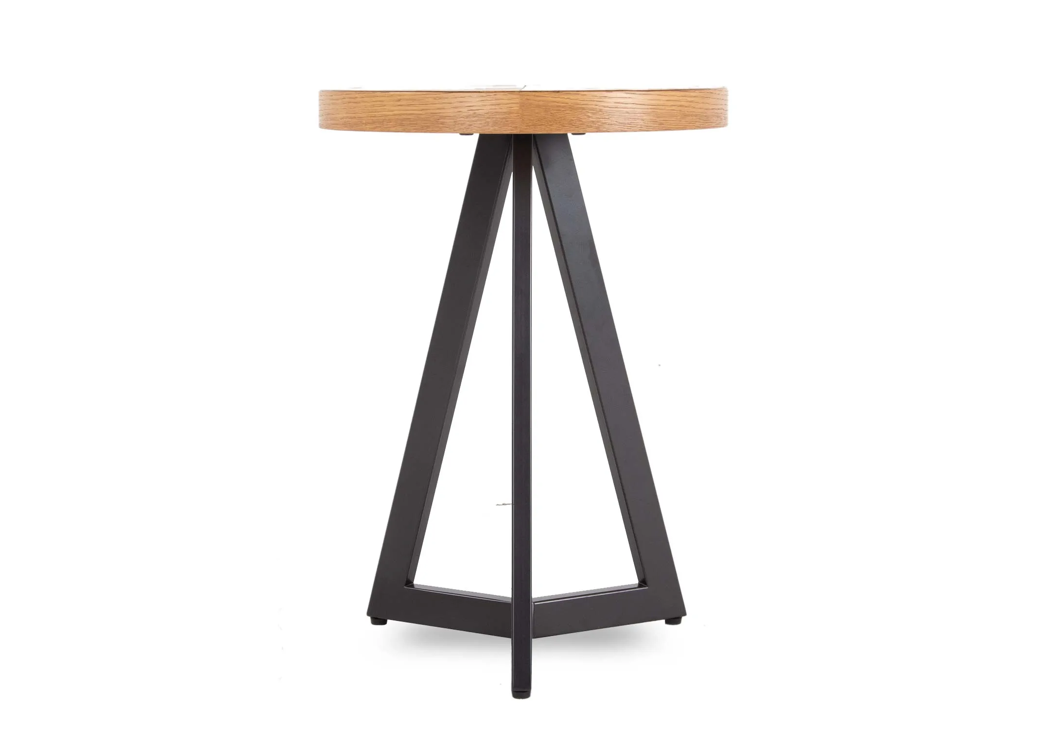A rustic oak small round lamp table from EZ Living Furniture's Ellipse range. Front view of metal base