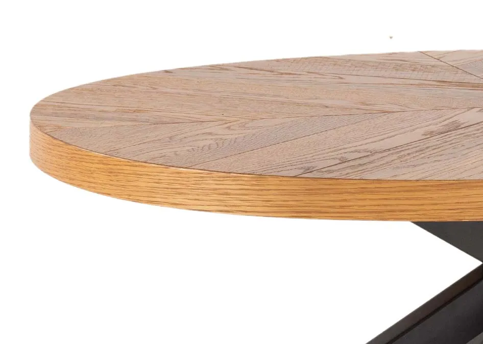 A rustic oak small oval coffee table from EZ Living Furniture's Ellipse range. Closeup view of wood herringbone style