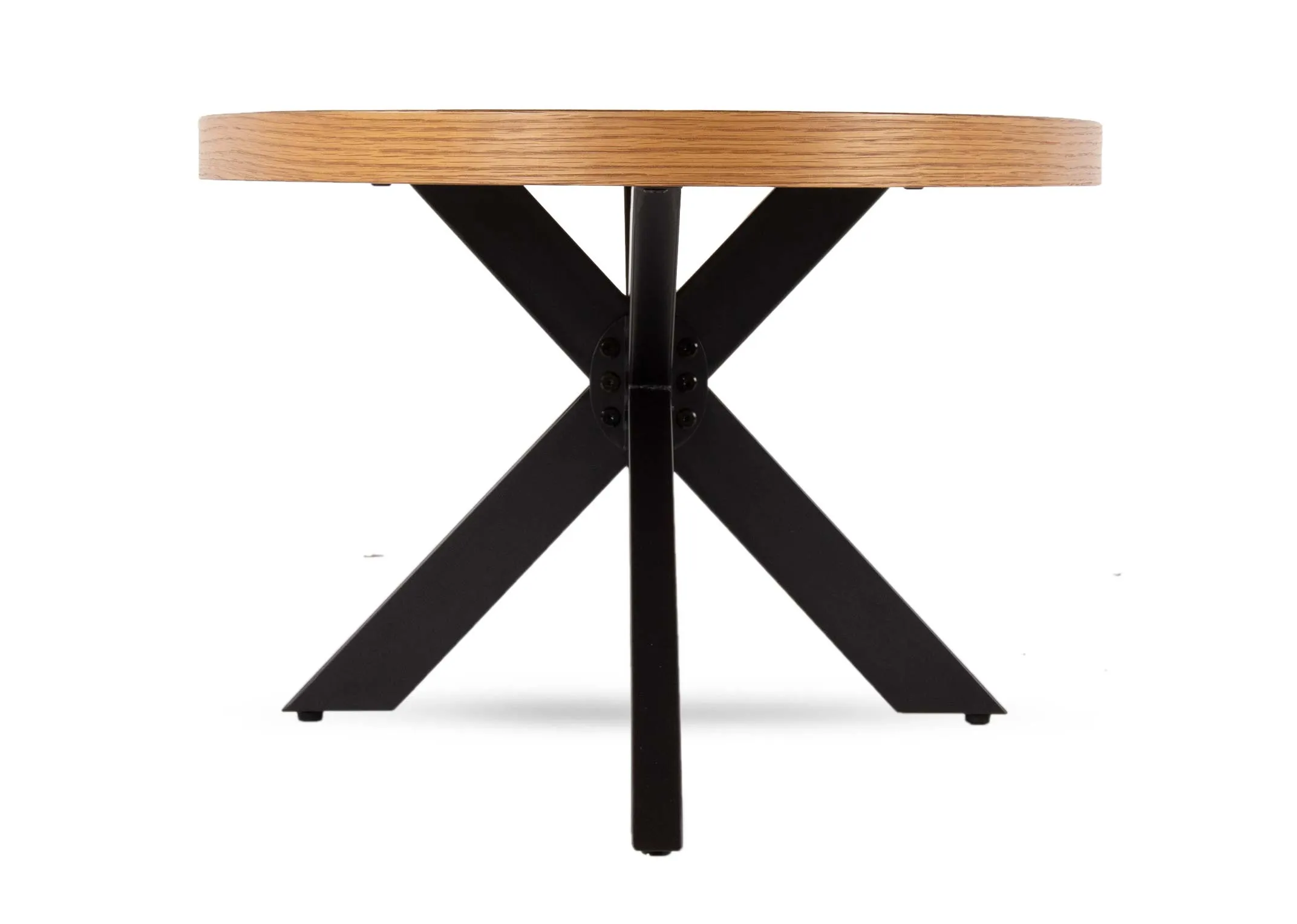 A rustic oak small oval coffee table from EZ Living Furniture's Ellipse range. Side view of metal legs