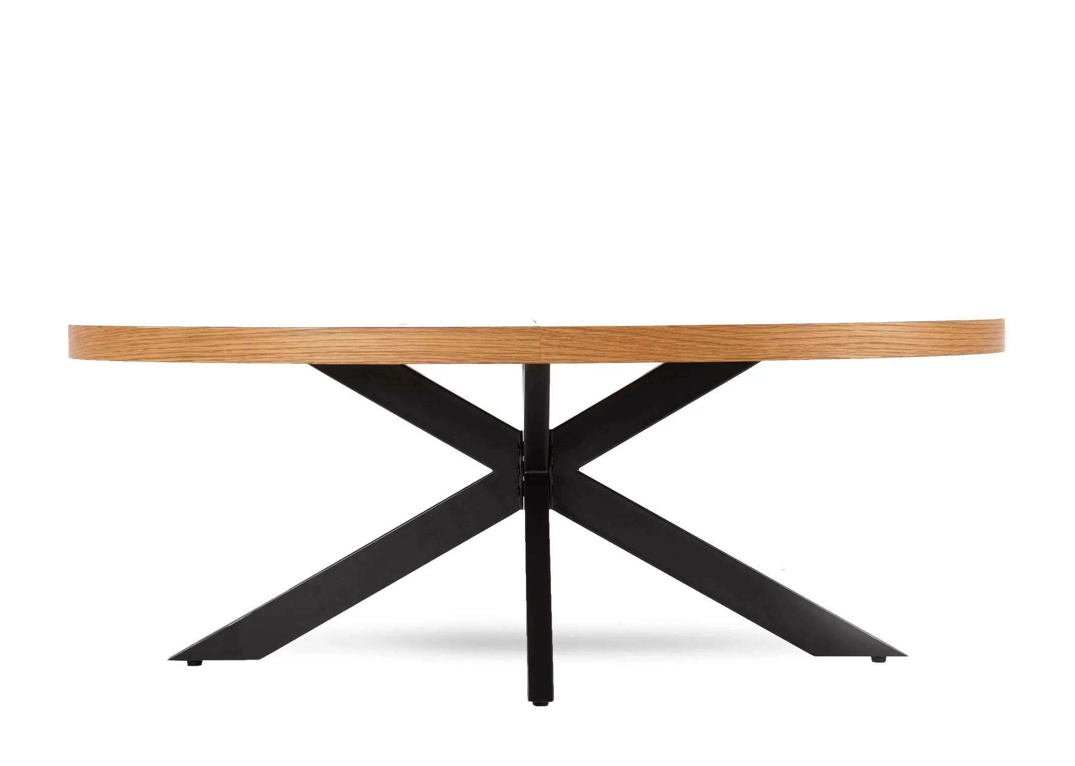 A rustic oak small oval coffee table from EZ Living Furniture's Ellipse range. Front view of x leg base