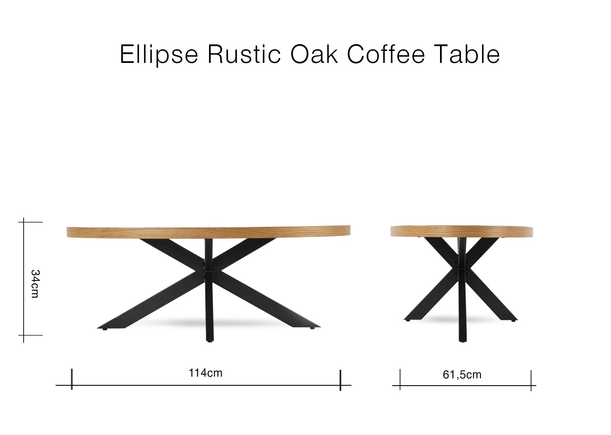 A dimension image of the Ellipse Coffee Table with 114cm (Width) x 61.5cm (Depth) x 34cm (Height)