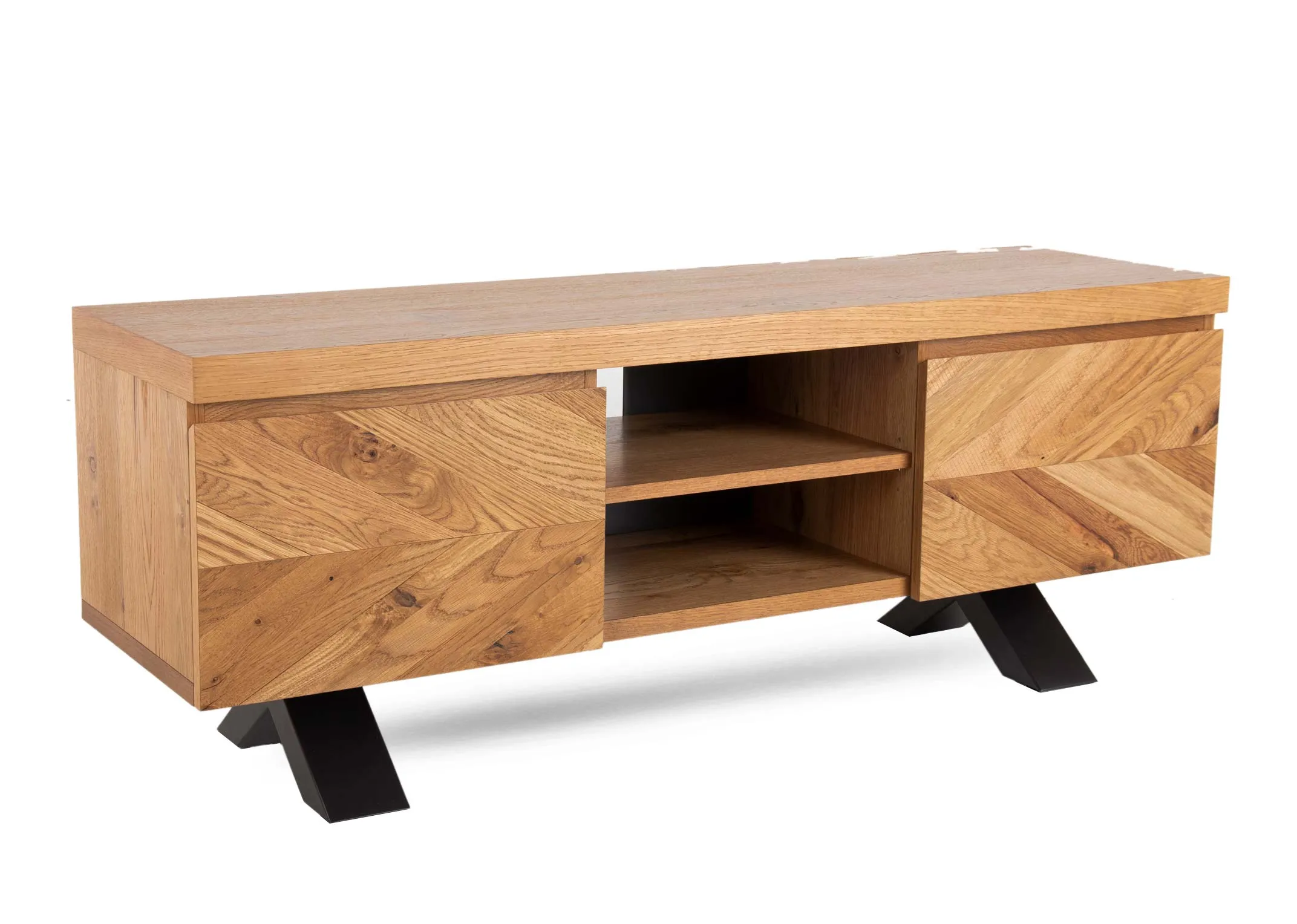 A rustic oak 2 door tv unit from EZ Living Furnitures Ellipse range. Angled view of 2 middle shelves