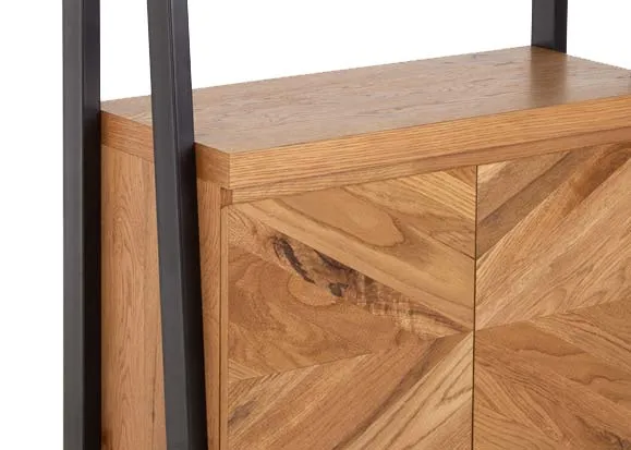 A rustic oak 3 shelf open display unit from EZ Living Furniture's Ellipse range. Closeup view of herringbone texture