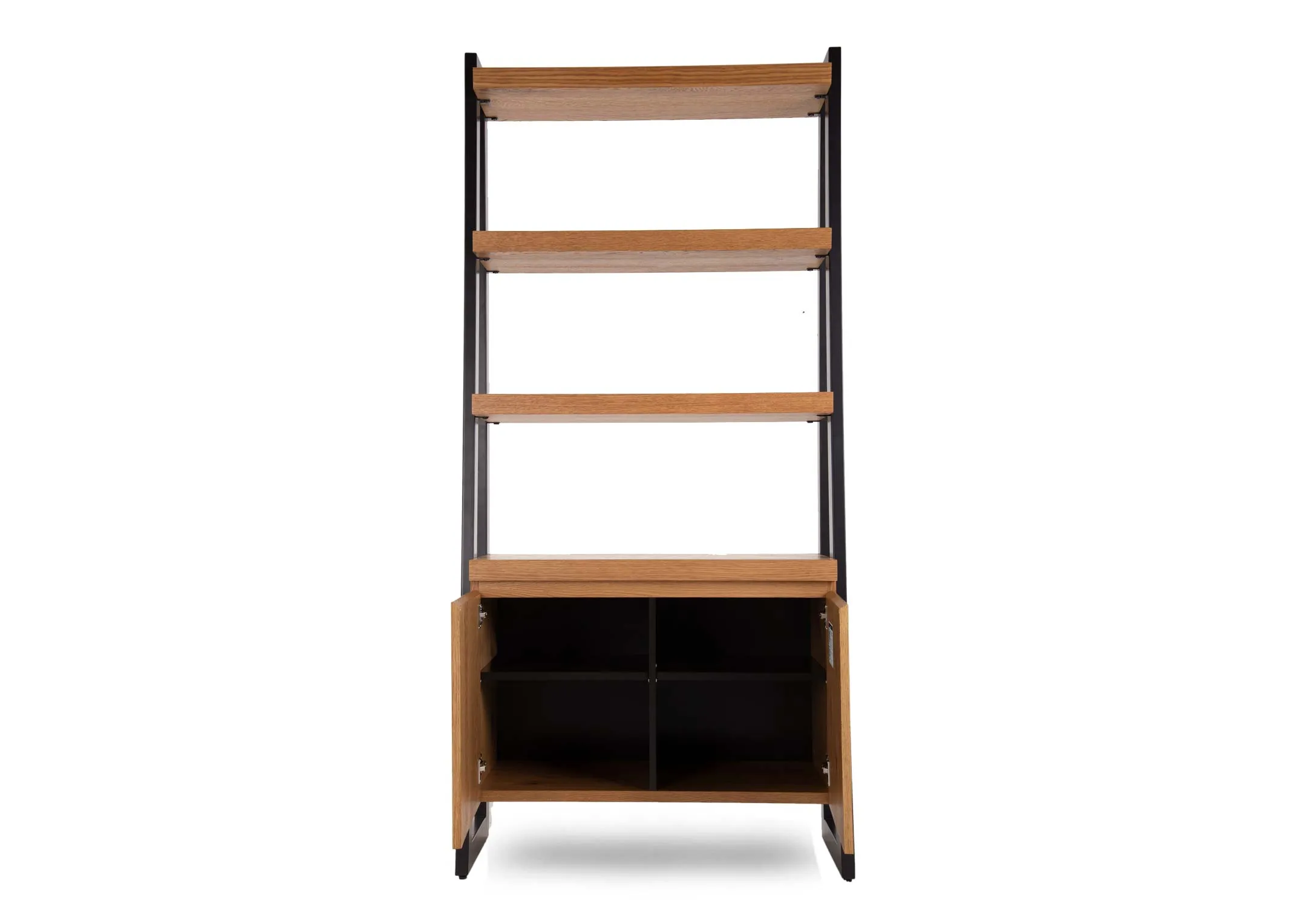 A rustic oak 3 shelf open display unit from EZ Living Furniture's Ellipse range. Front view of 2 doors open shows shelves