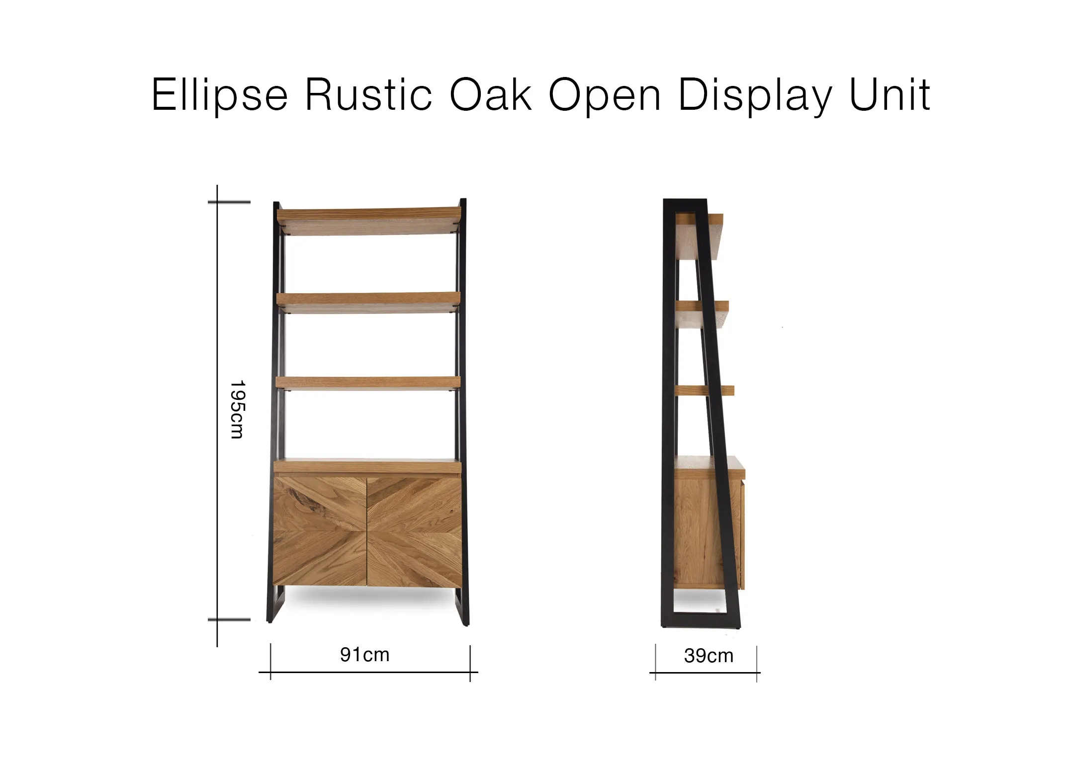 A dimension image of the Ellipse Rustic Oak Display Unit with 91cm (Width) x 39cm (Depth) x 195cm (Height)
