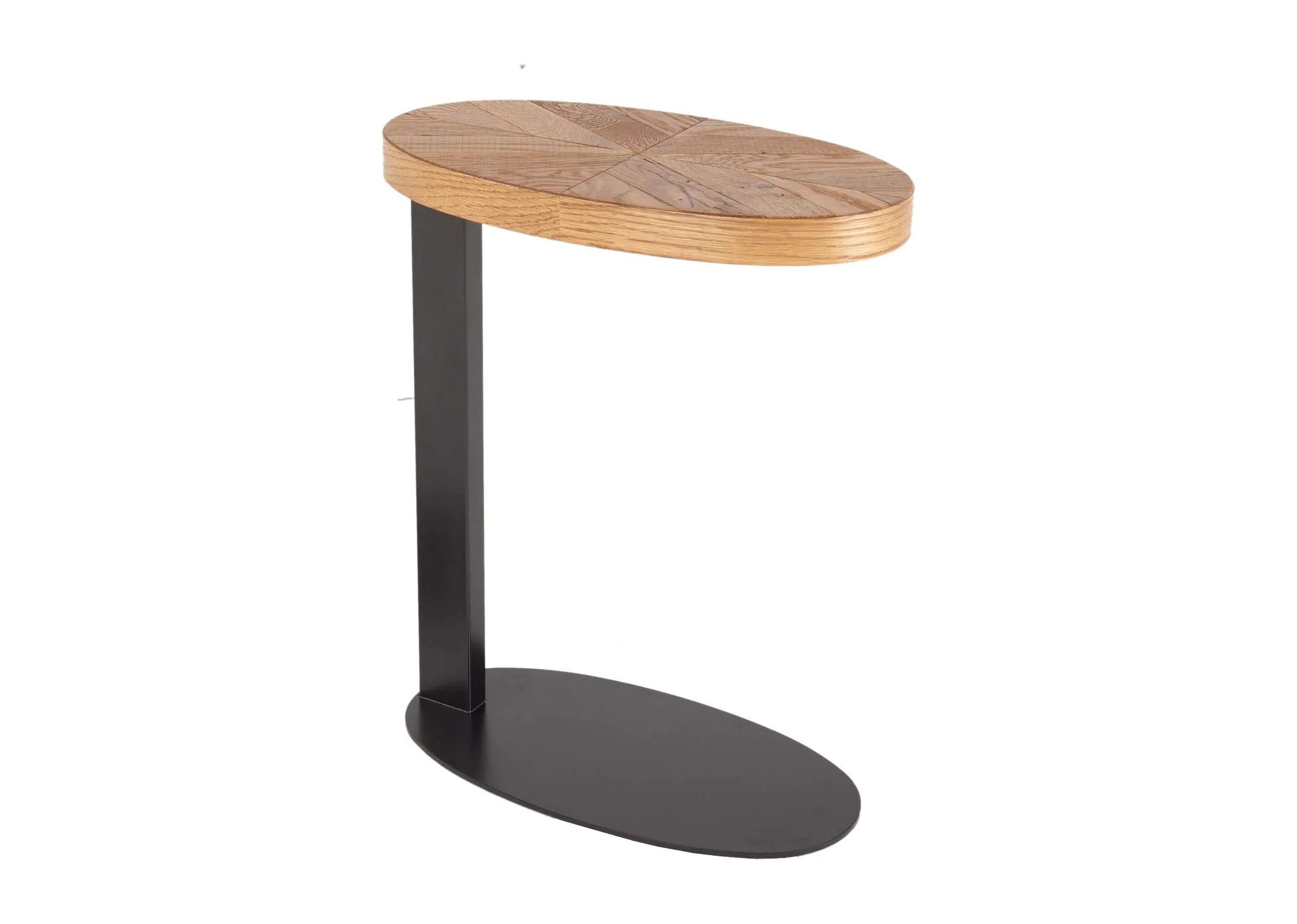 A round rustic oval sofa table from EZ Living Furnitures Ellipse range. Angled view of black frame and base