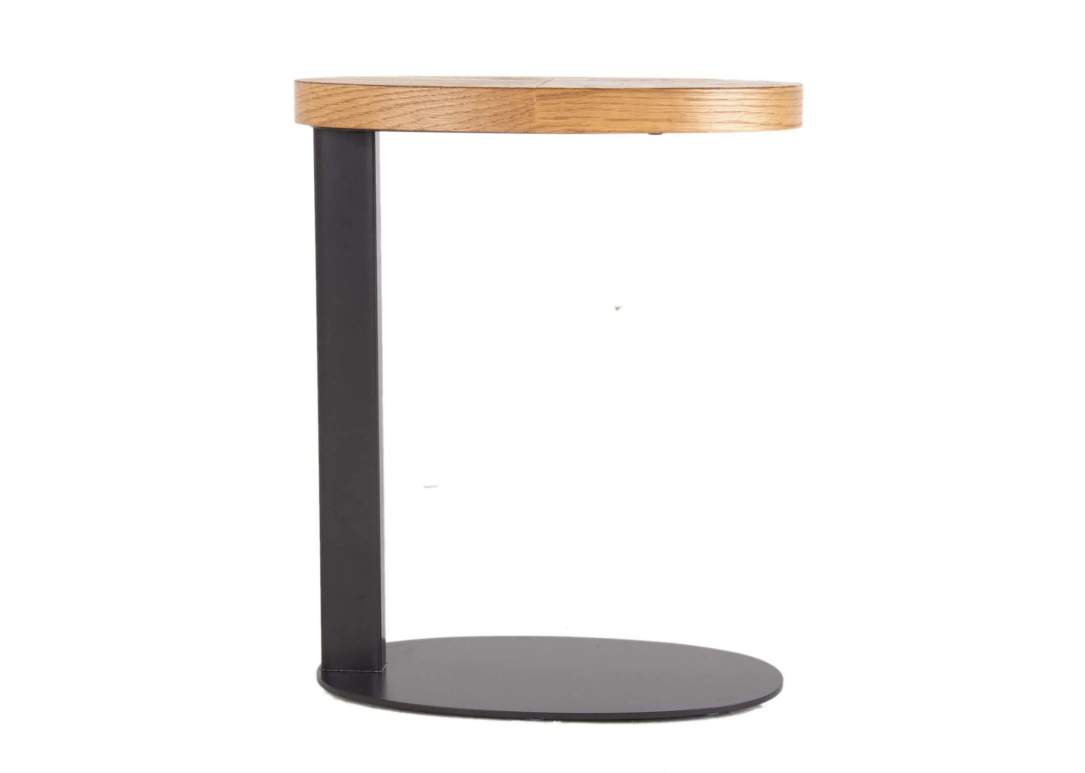 A round rustic oval sofa table from EZ Living Furniture's Ellipse range. Side view shows thick wood top