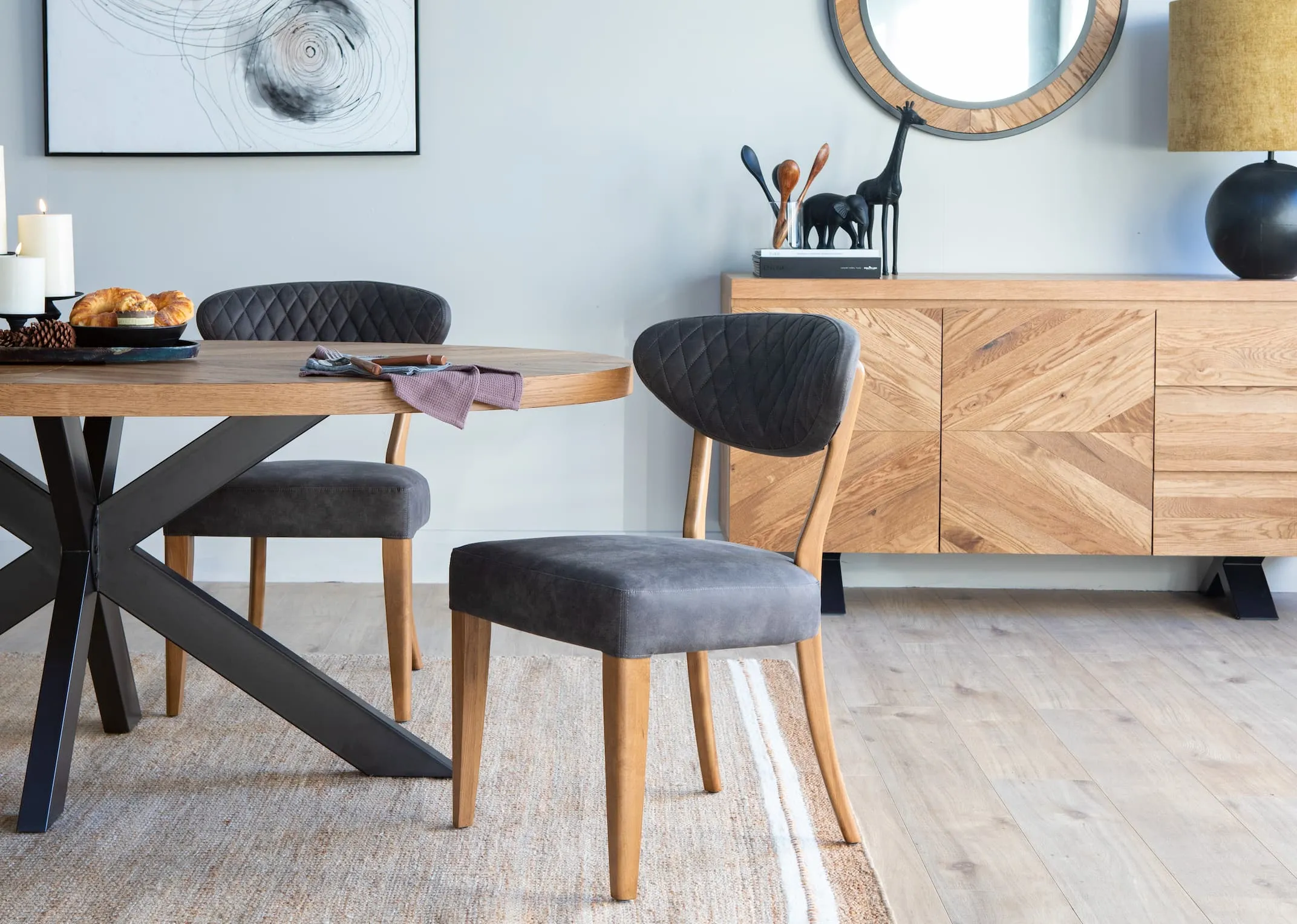 Dark Grey Fabric & Rustic Oak Dining Chair - Margot