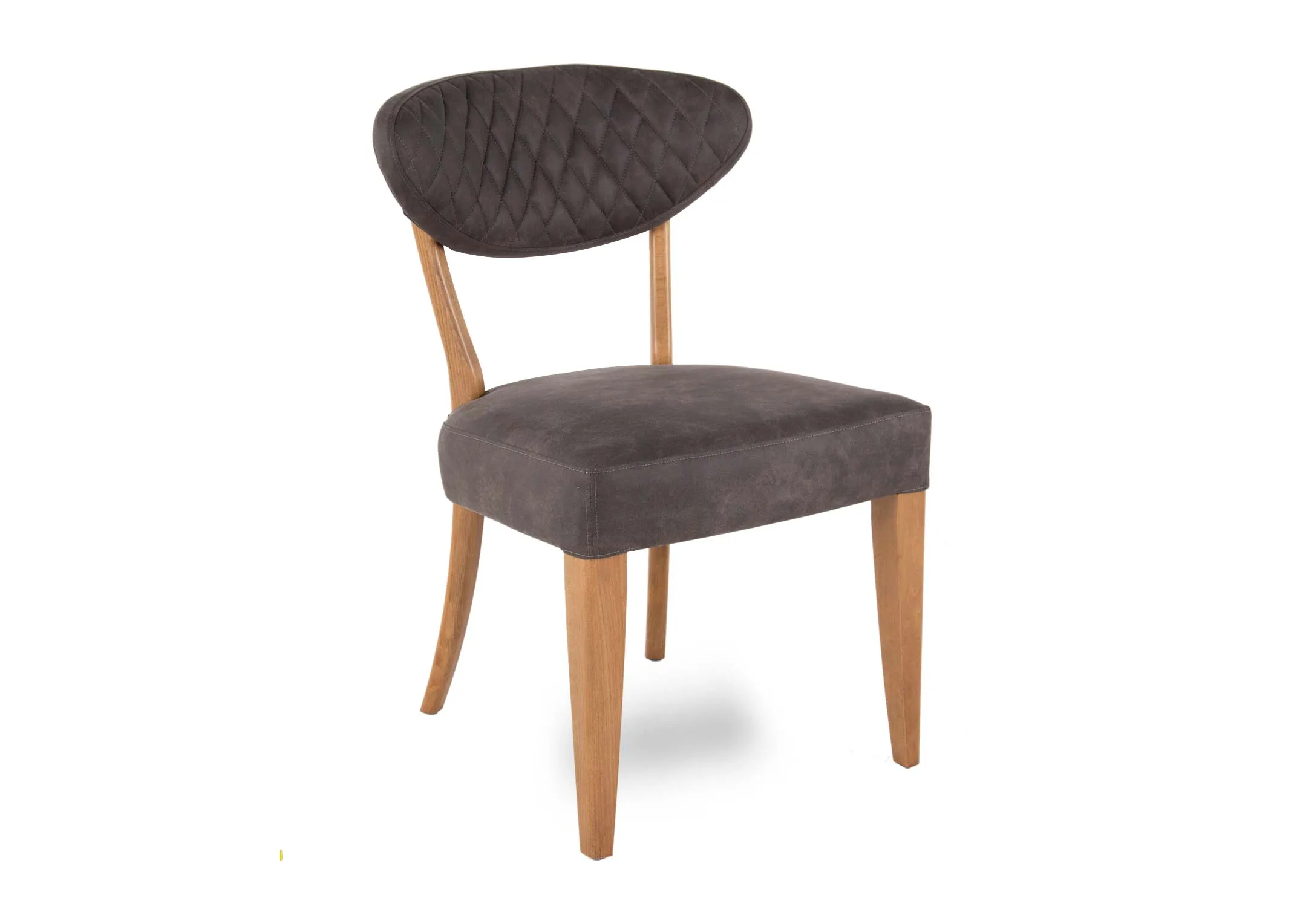 A grey fabric & rustic oak frame dining chair from EZ Living's Margot range. Angled view of seat & back covering