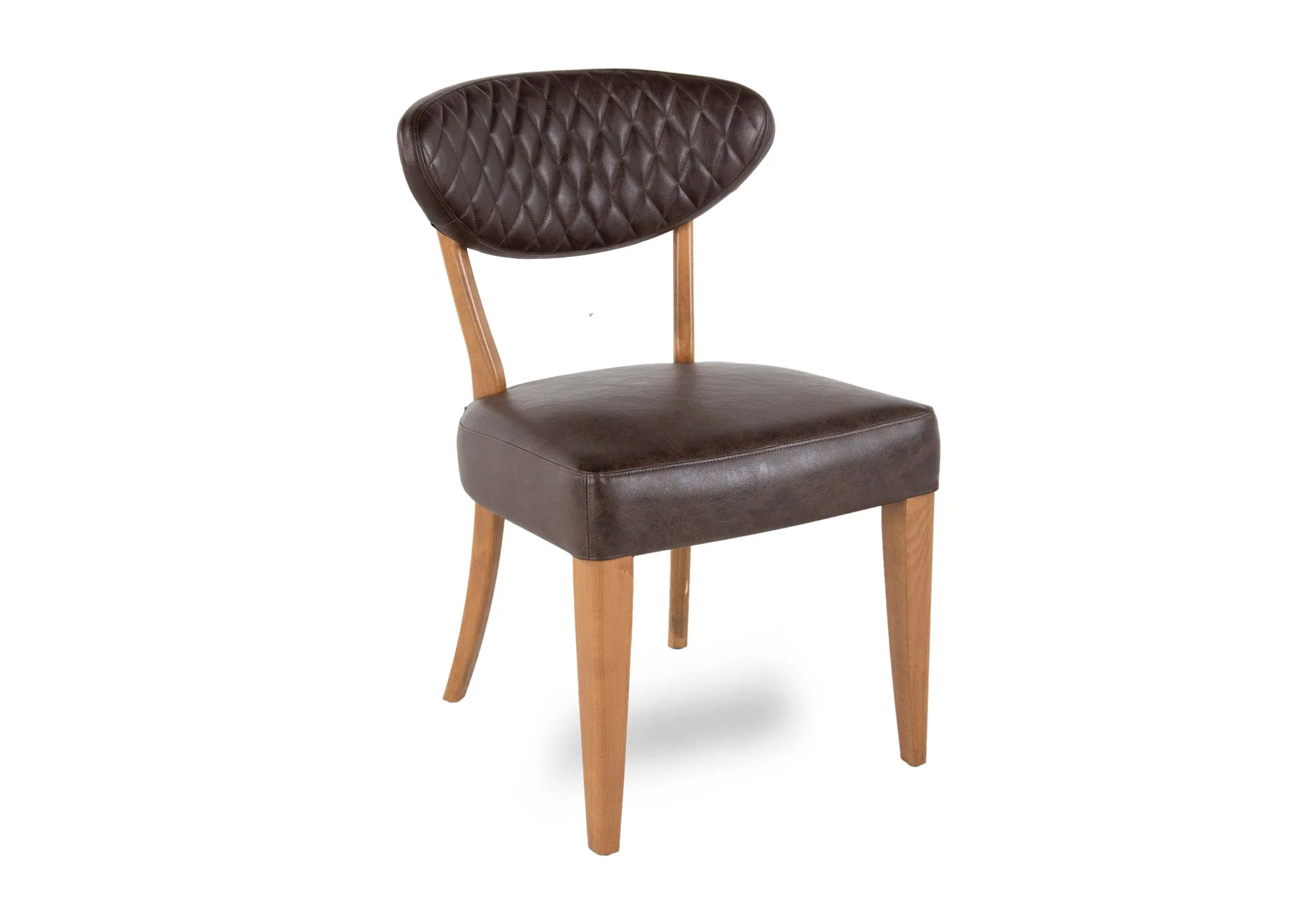A brown faux leather & rustic oak frame dining chair from EZ Living's Margot range. Angled view of leather covering