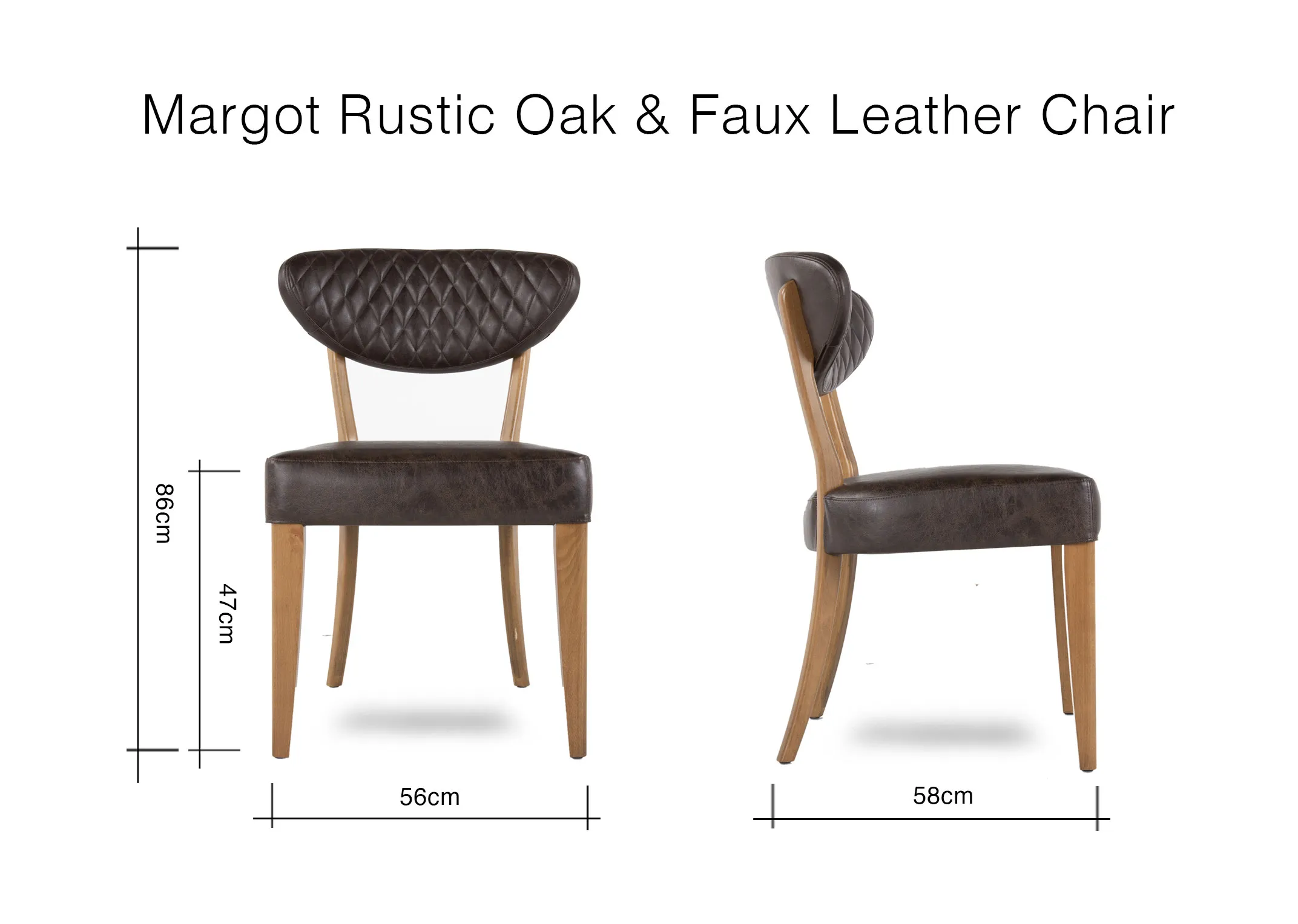 A dimension image of the Margot Oak & Faux Leather chair with 56cm (Width) x 86cm (Height) x 58cm (Depth)