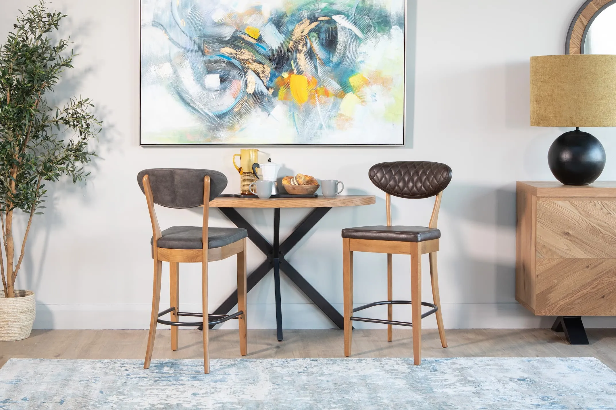 Brown Faux Leather and Rustic Oak Bar Stool - Margot