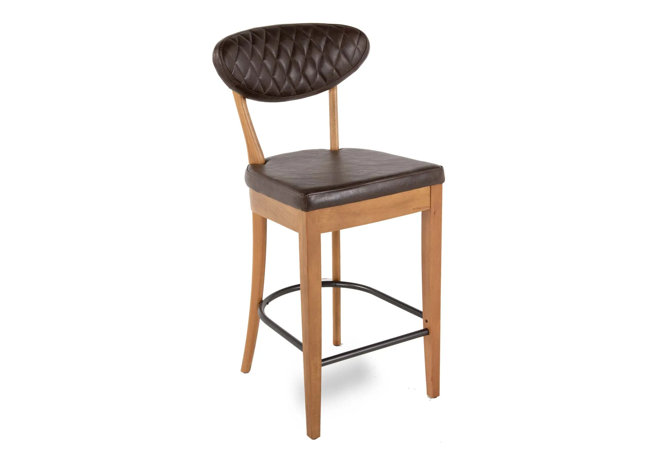 A brown faux leather & rustic oak frame bar stool from EZ Living's Margot range. Angled view of foot rung